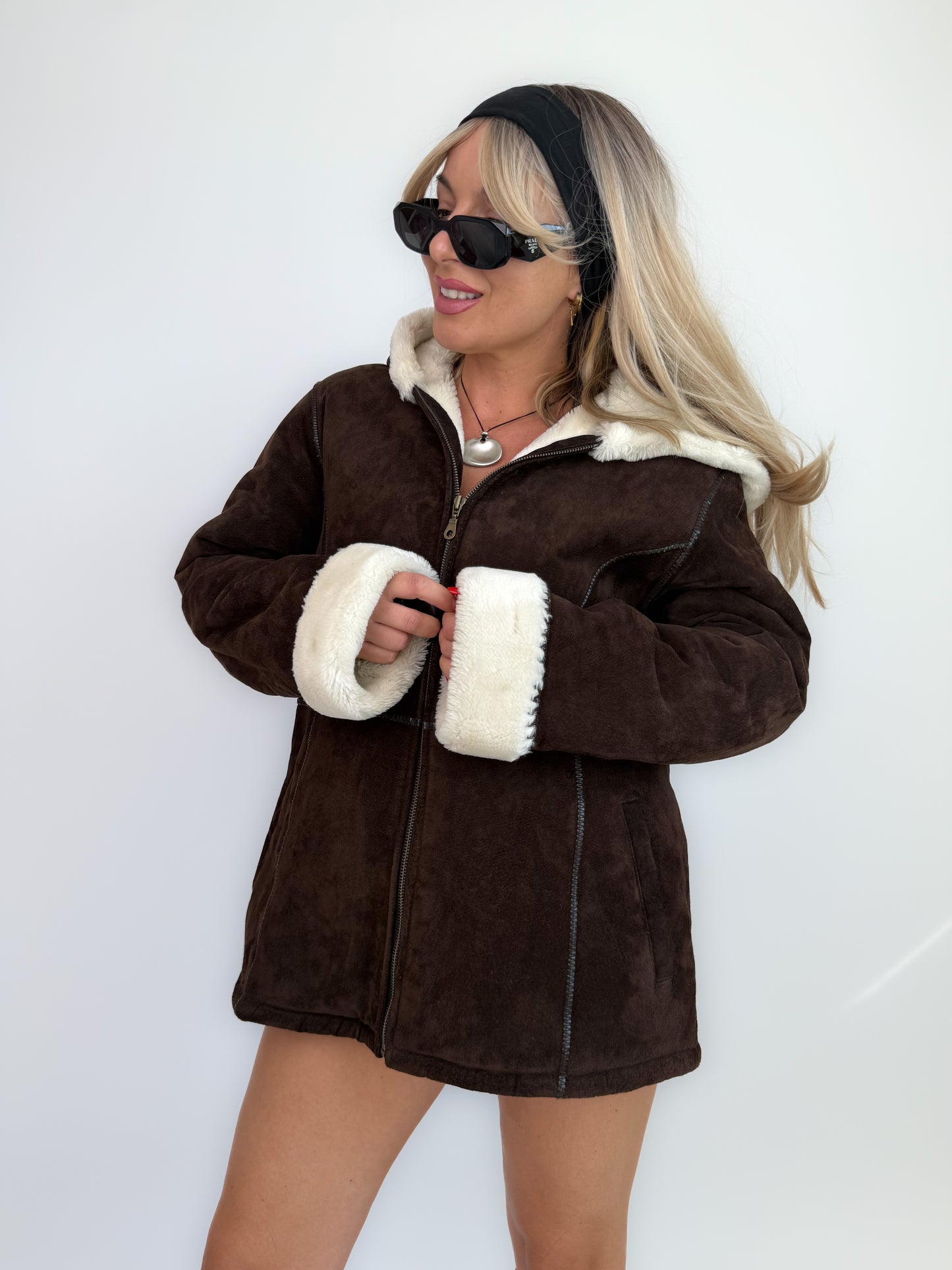 Vintage Y2K Brown Suede Shearling Hoodie Jacket with Ivory Faux Fur Lining - L