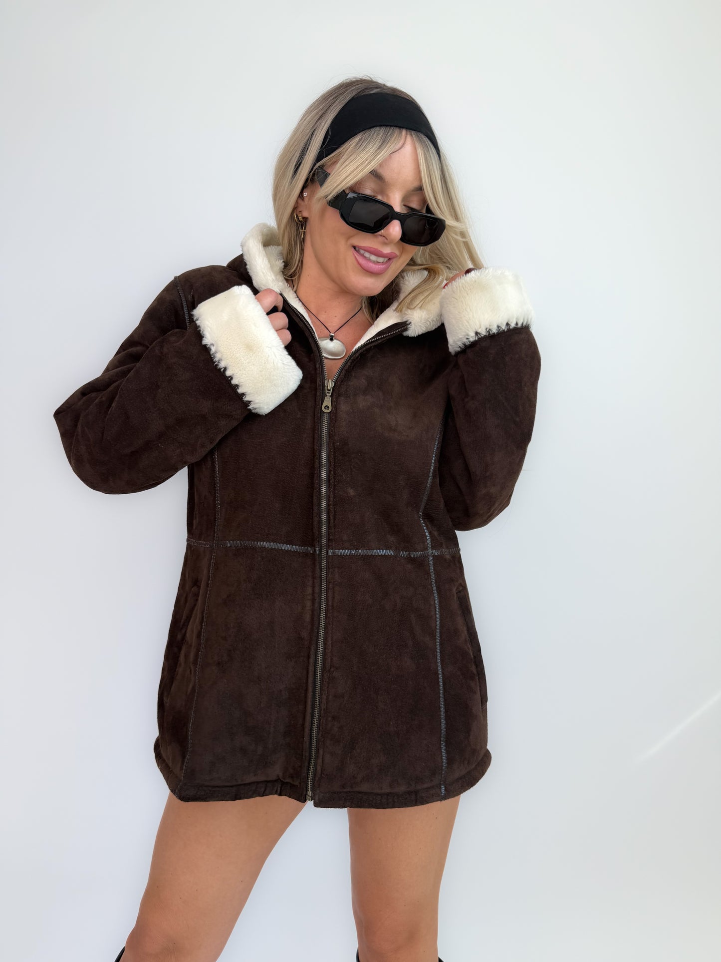 Vintage Y2K Brown Suede Shearling Hoodie Jacket with Ivory Faux Fur Lining - L