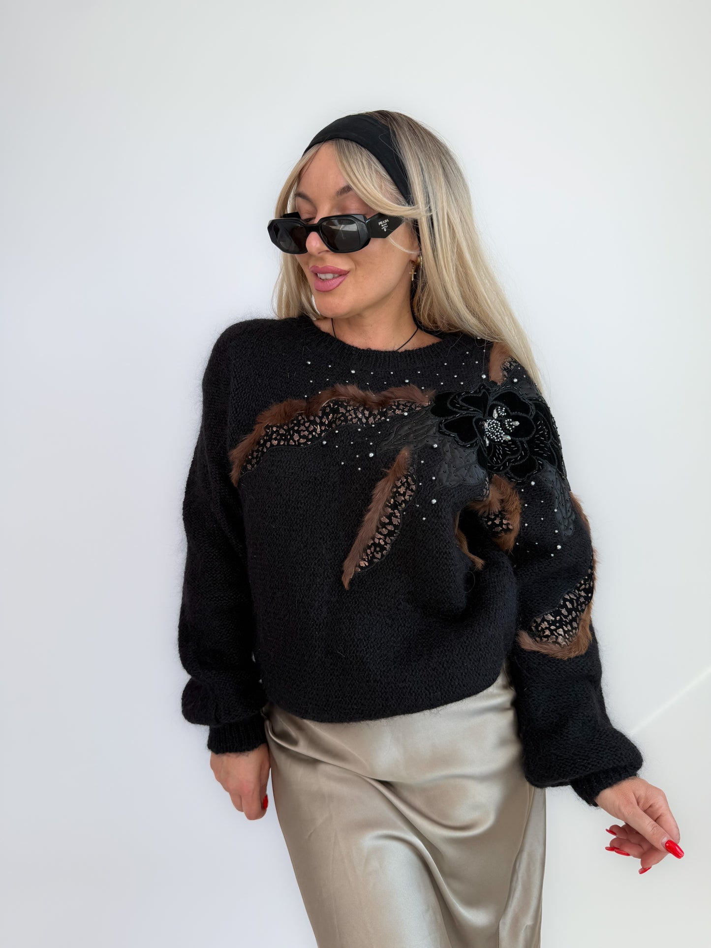 Vintage Mohair Sweater with Beading, Lace & Rabbit Fur Trim (M/L)