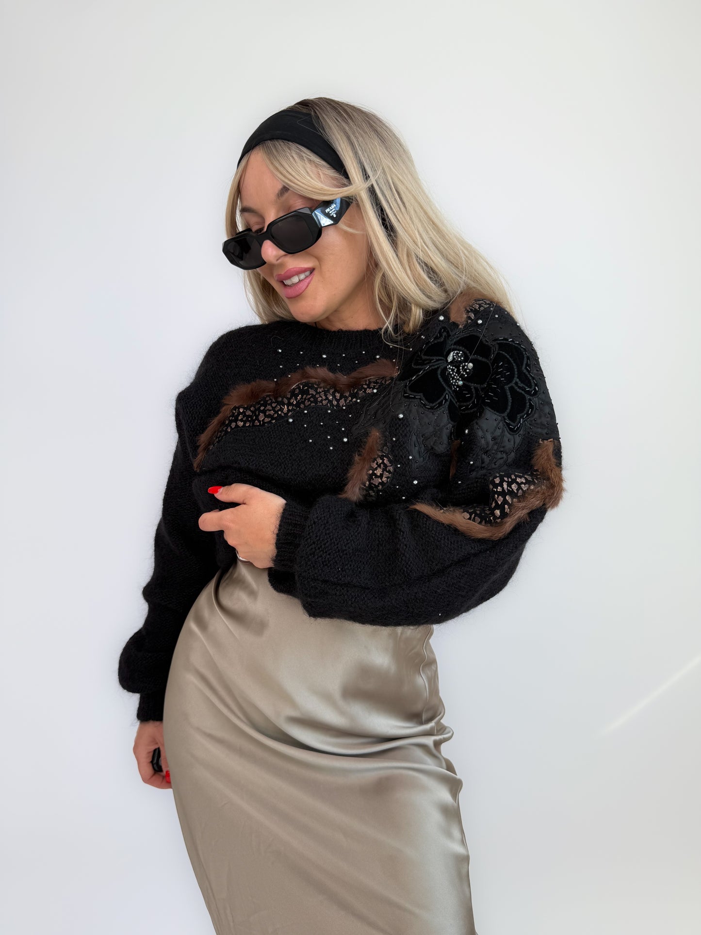 Vintage Mohair Sweater with Beading, Lace & Rabbit Fur Trim (M/L)