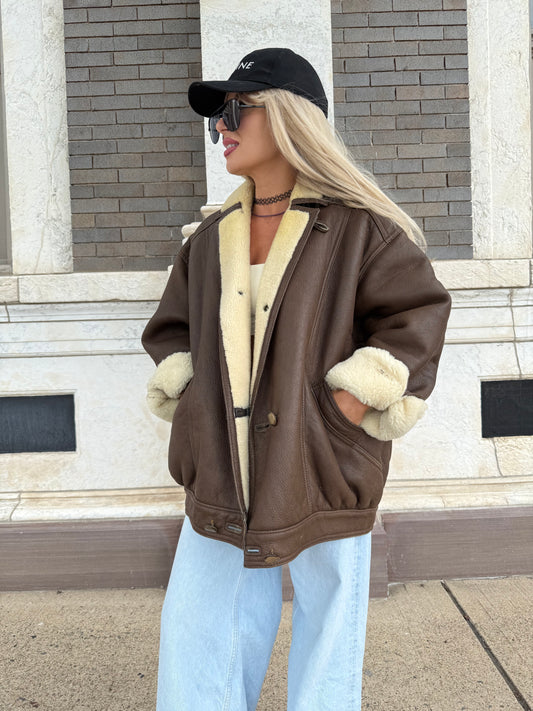 Vintage Shearling Leather Aviator Jacket – Real Wool Lining, Oversized Fit, 90s Style