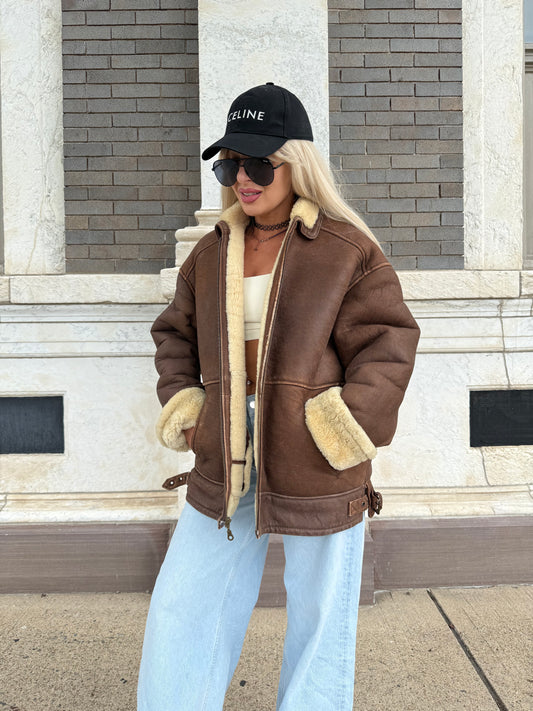 Vintage Shearling Leather Aviator Jacket – Real Leather, Wool Lined, Distressed B-3 Style