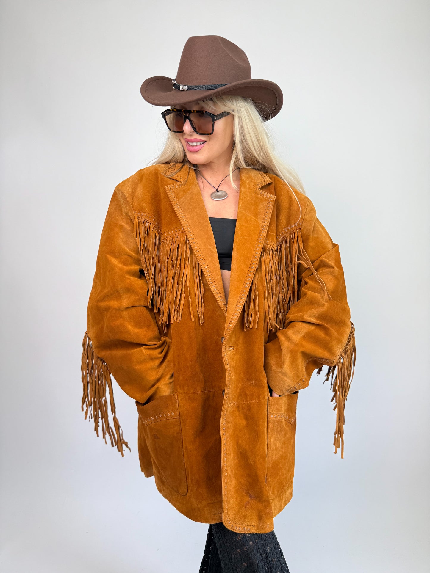 Vintage Rust Brown Suede Fringe Jacket – Western Southwestern Festival Boho Hippie Style XL