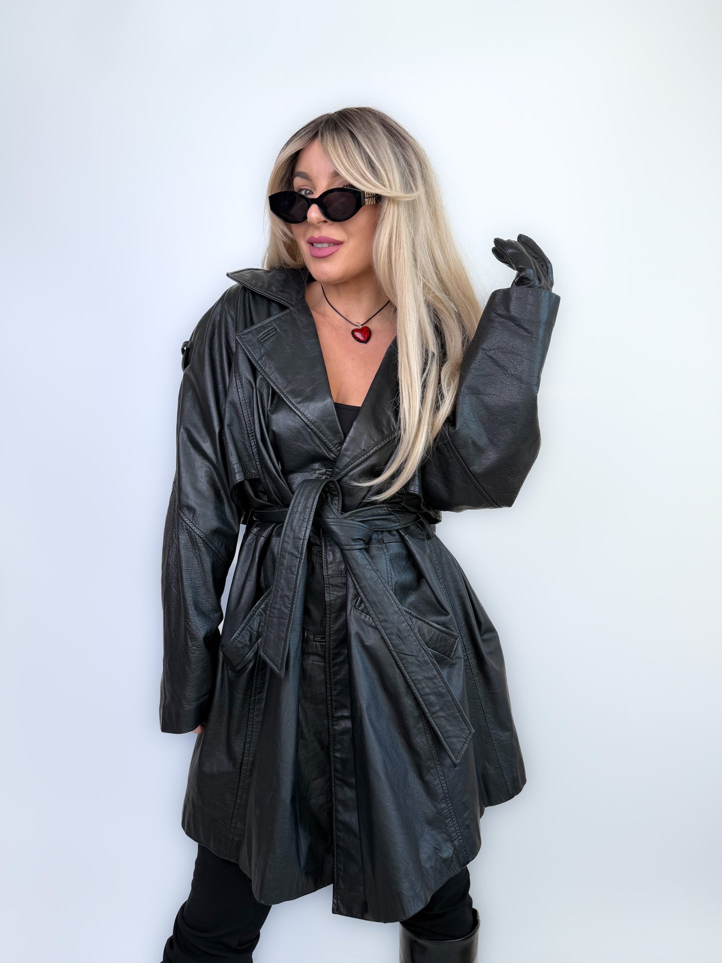 Vintage Black Classic Genuine Leather Trench Coat Size L