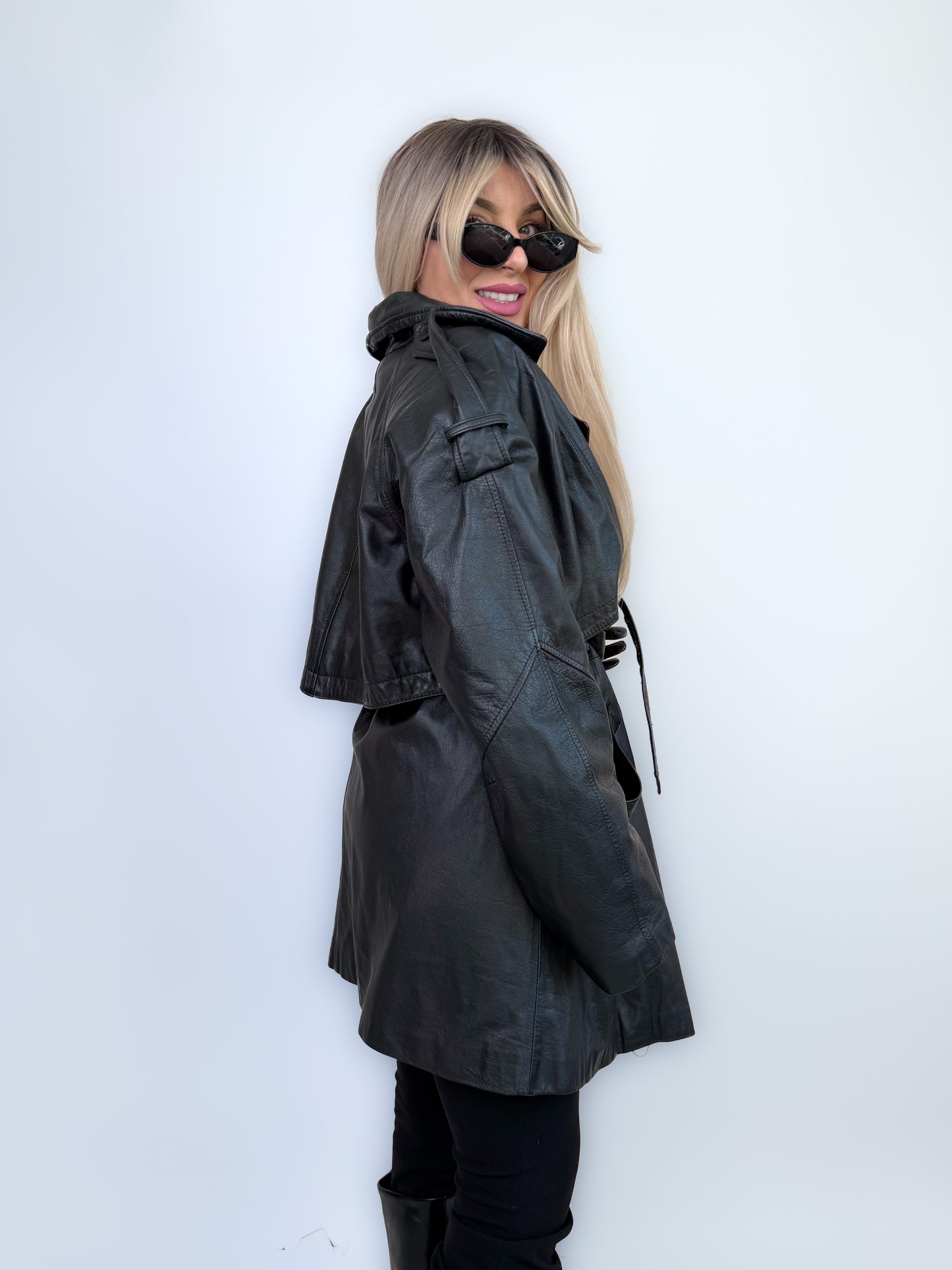 Vintage Black Classic Genuine Leather Trench Coat Size L