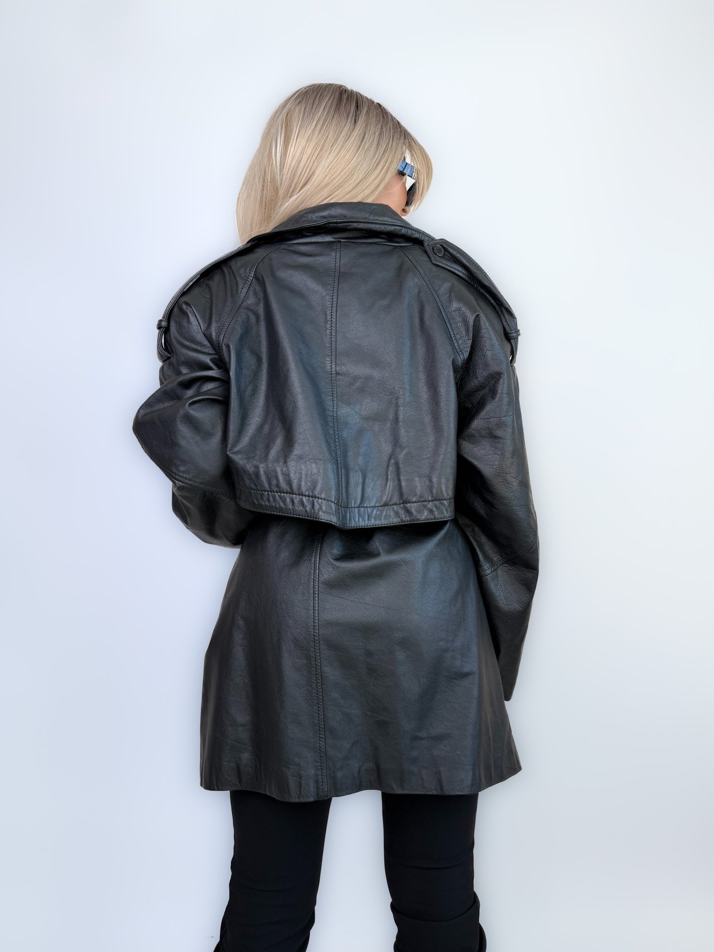 Vintage Black Classic Genuine Leather Trench Coat Size L