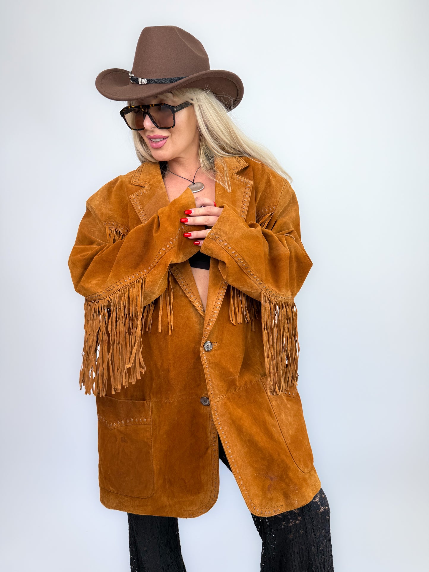 Vintage Rust Brown Suede Fringe Jacket – Western Southwestern Festival Boho Hippie Style XL