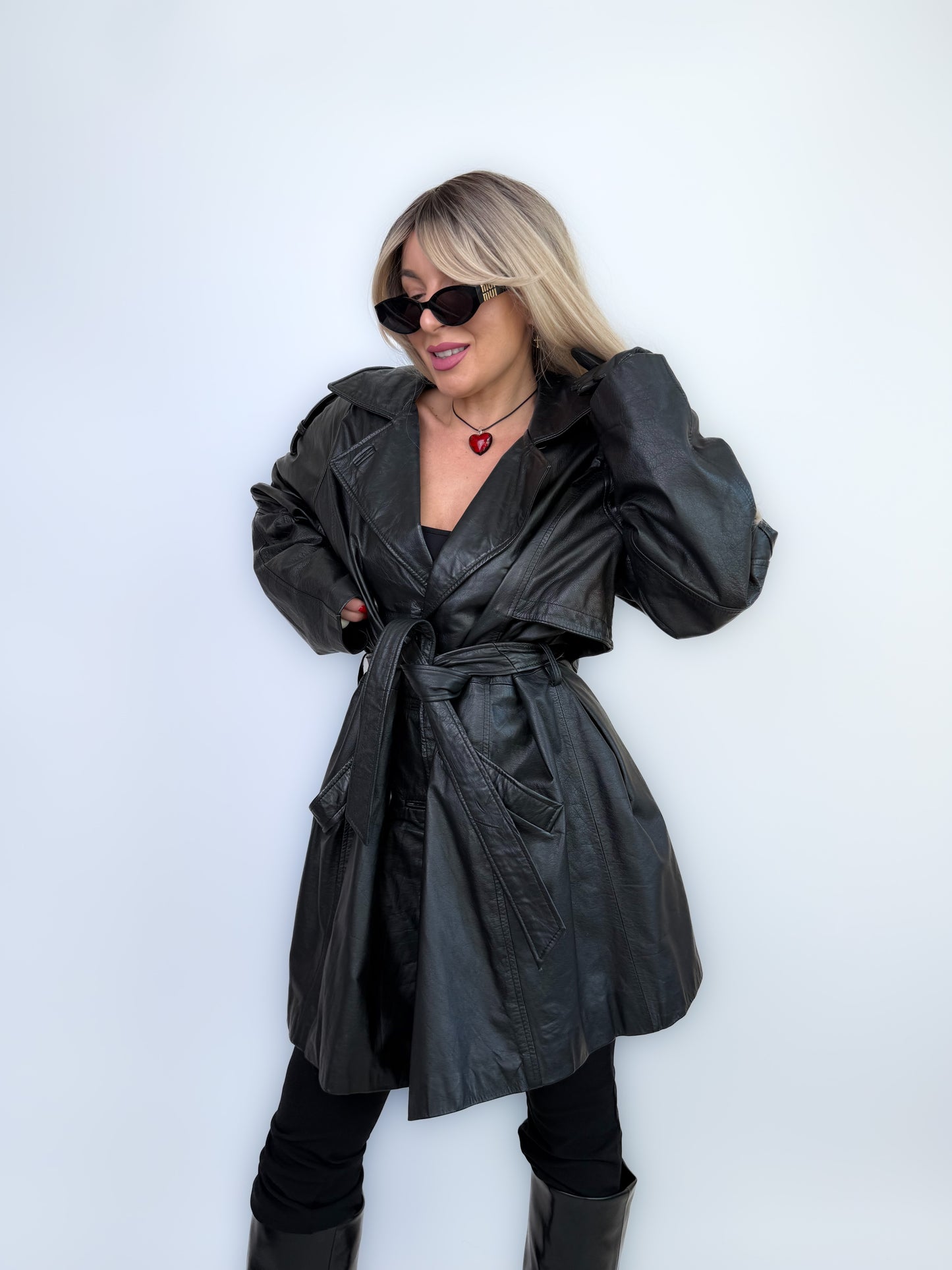 Vintage Black Classic Genuine Leather Trench Coat Size L