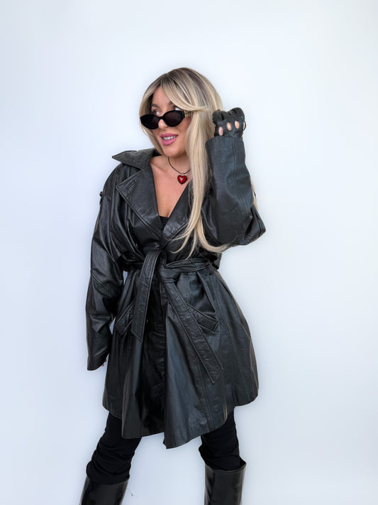 Vintage Black Classic Genuine Leather Trench Coat Size L