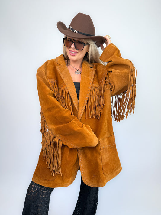 Vintage Rust Brown Suede Fringe Jacket – Western Southwestern Festival Boho Hippie Style XL