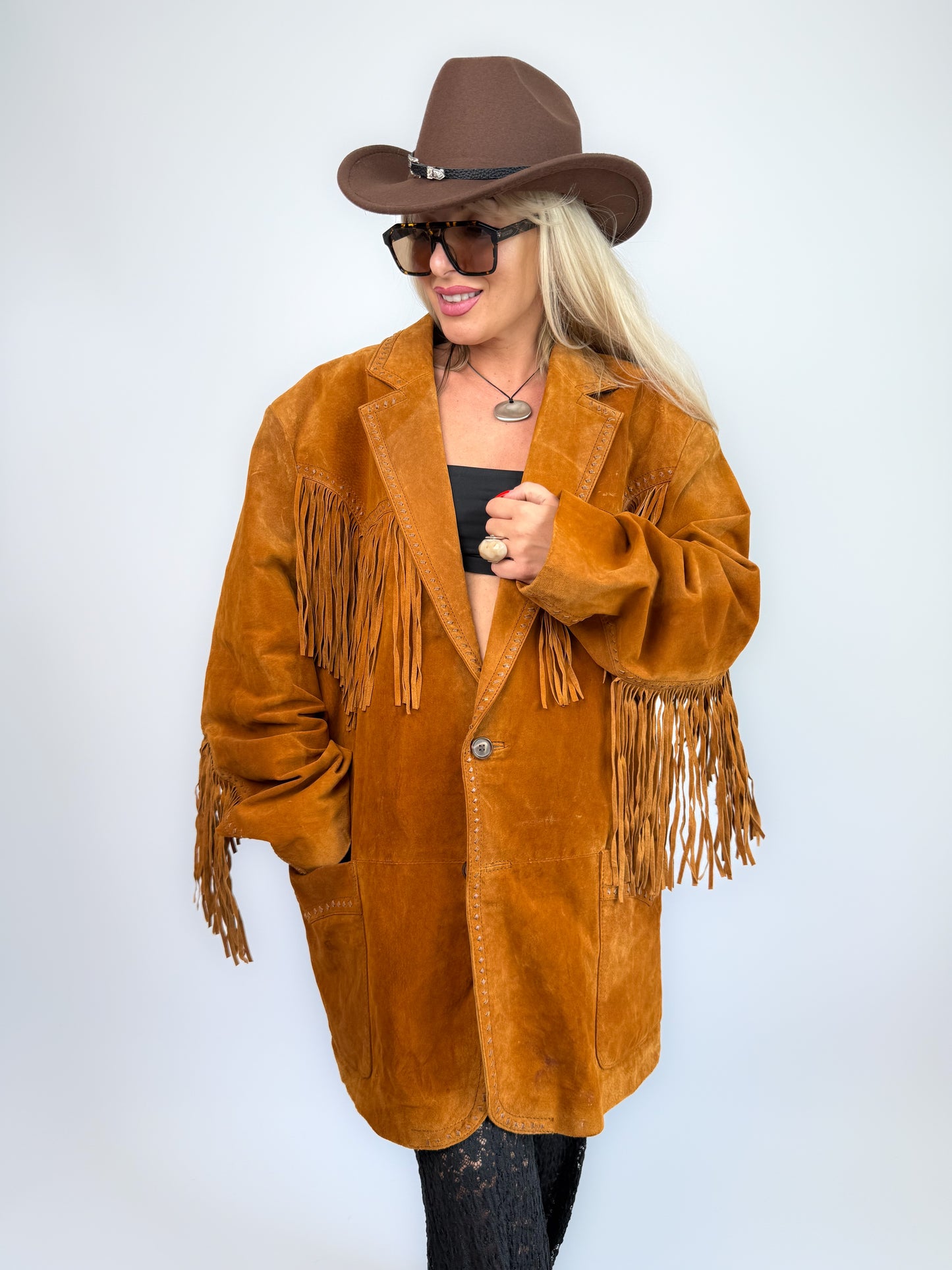 Vintage Rust Brown Suede Fringe Jacket – Western Southwestern Festival Boho Hippie Style XL