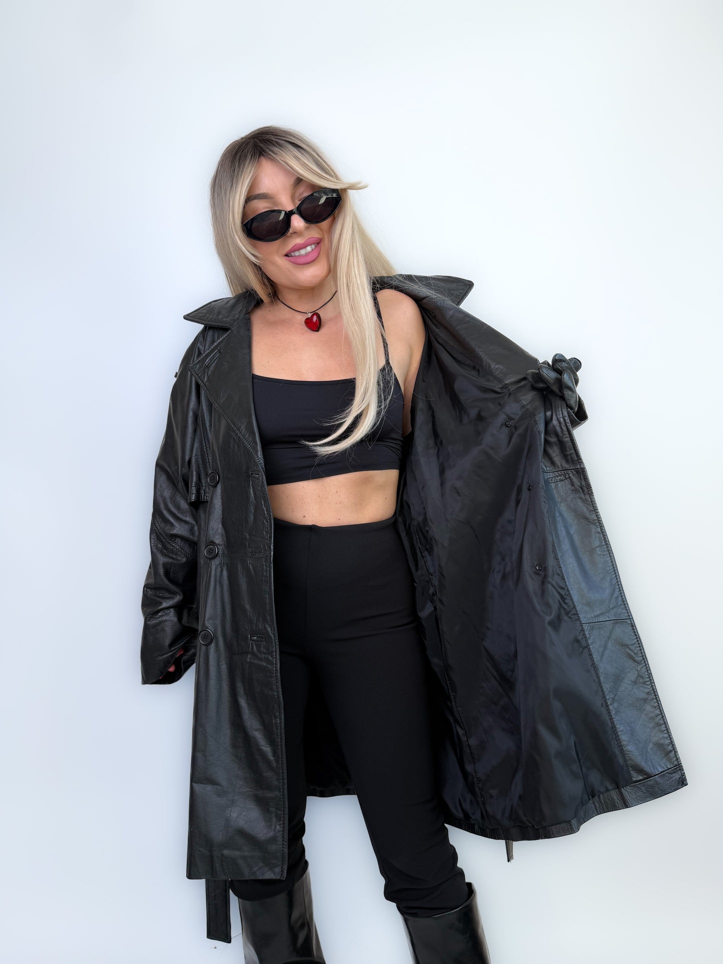 Vintage Black Classic Genuine Leather Trench Coat Size L