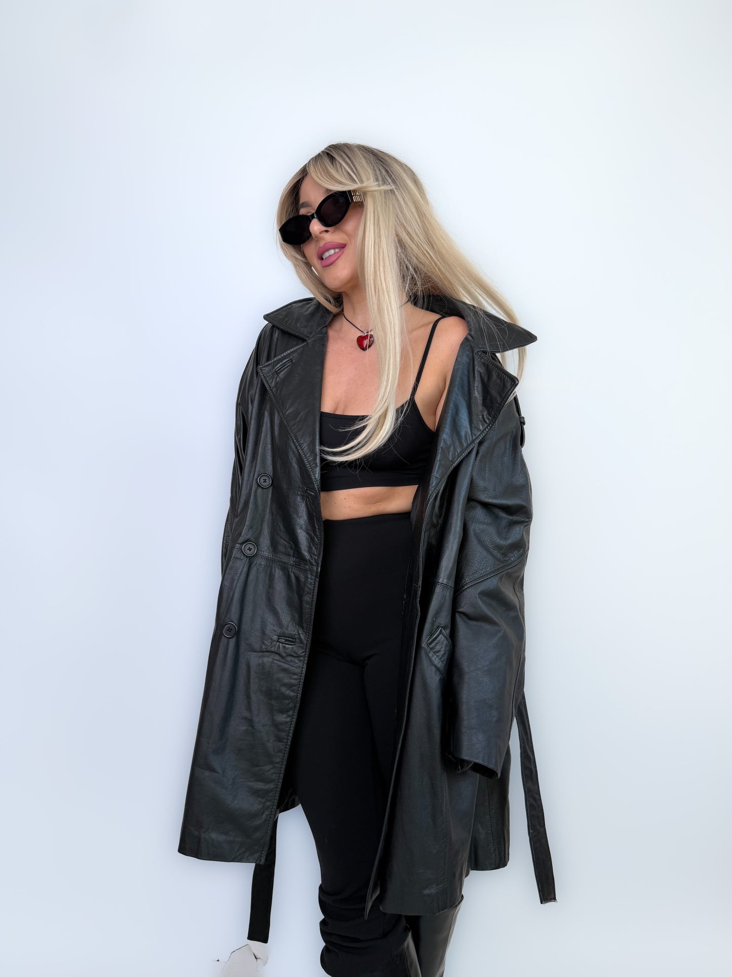 Vintage Black Classic Genuine Leather Trench Coat Size L