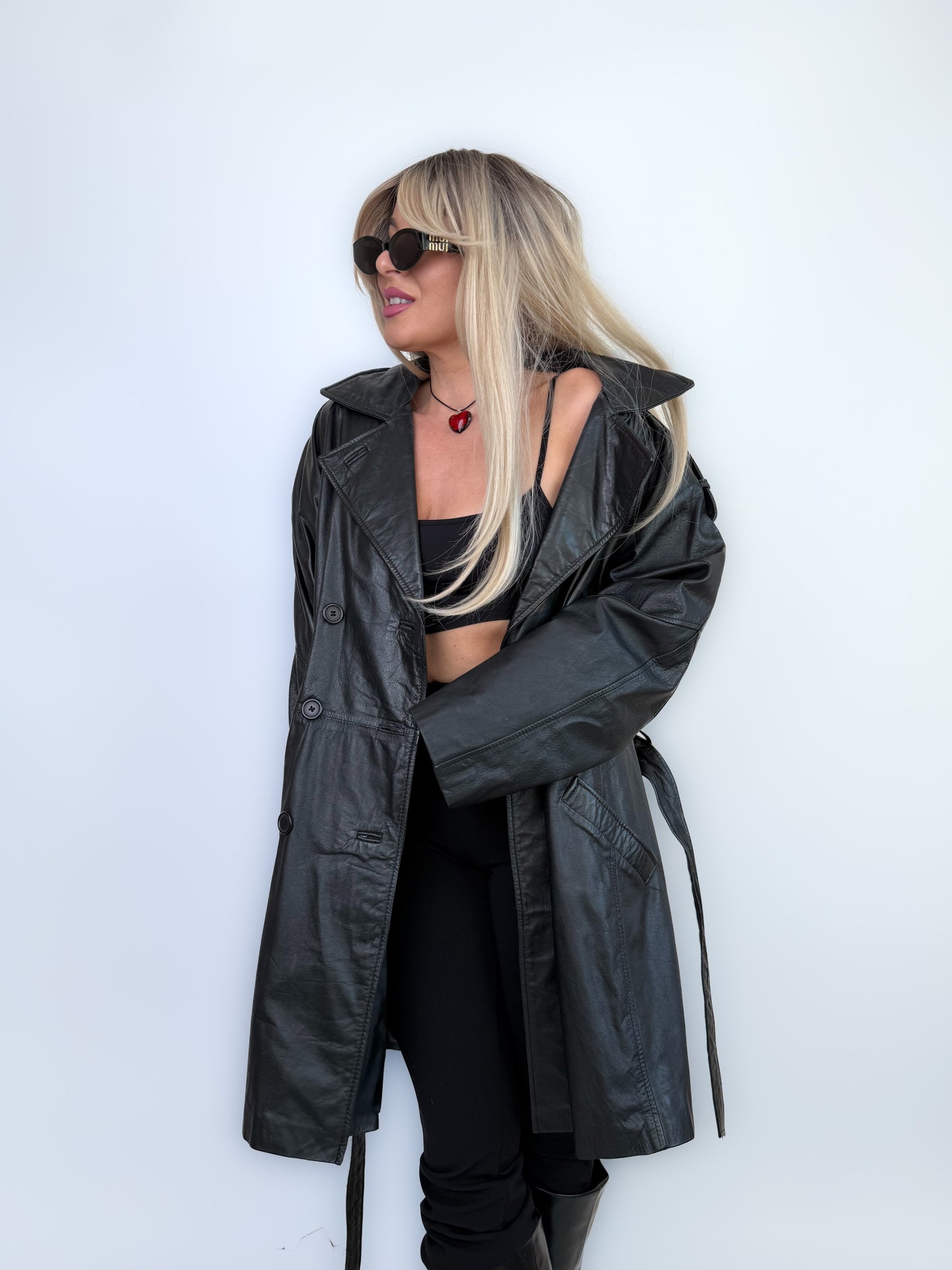 Vintage Black Classic Genuine Leather Trench Coat Size L