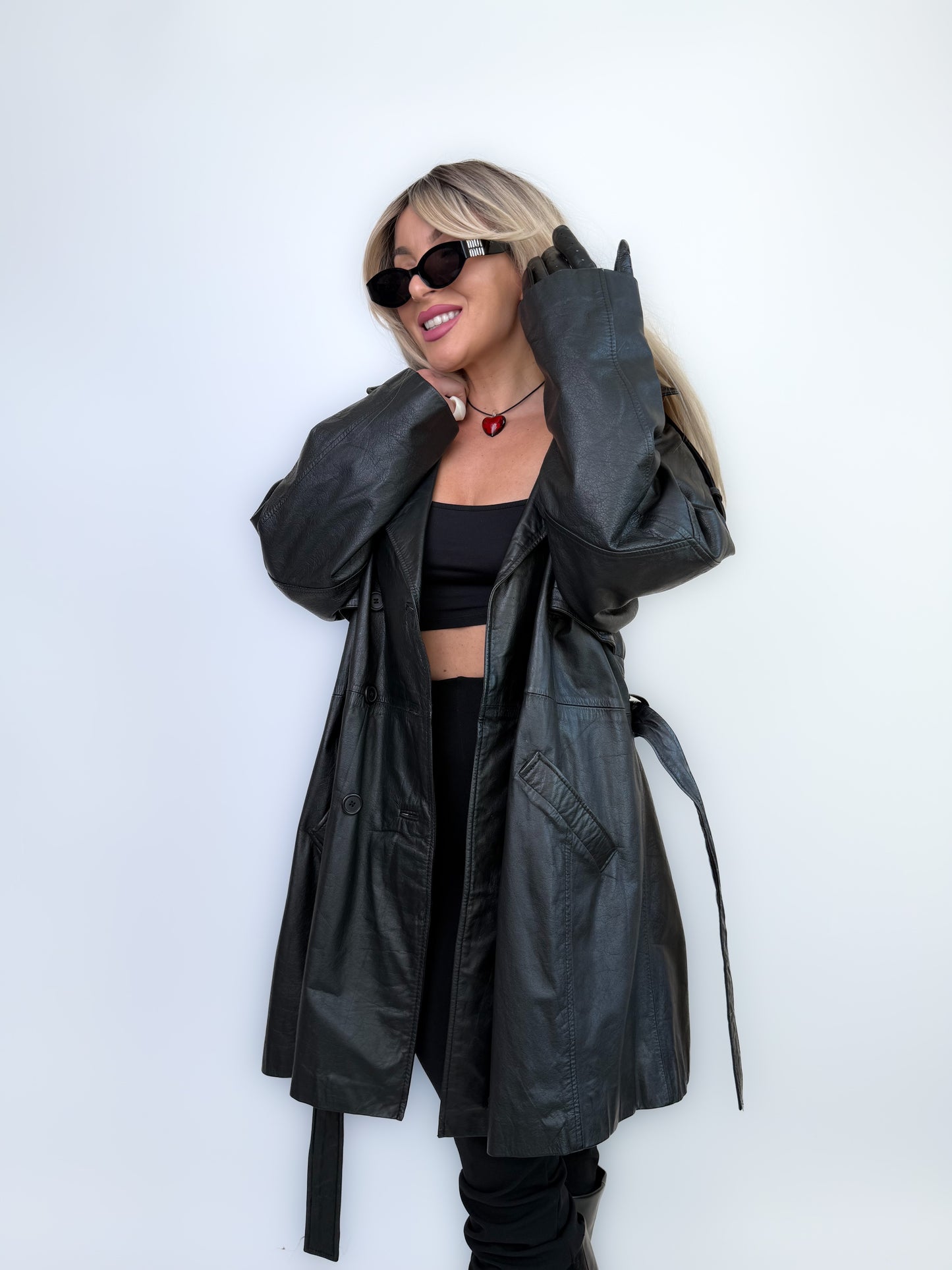 Vintage Black Classic Genuine Leather Trench Coat Size L