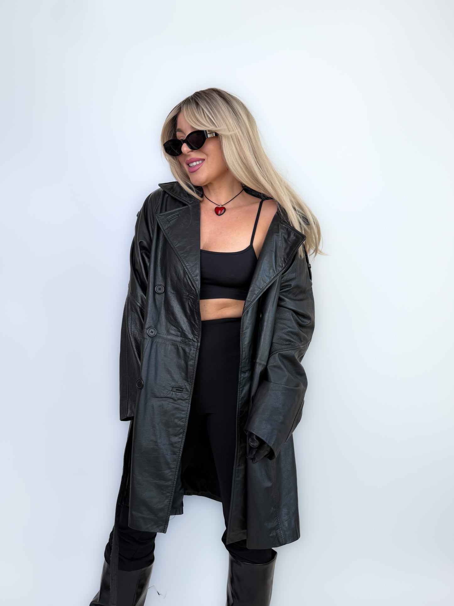 Vintage Black Classic Genuine Leather Trench Coat Size L