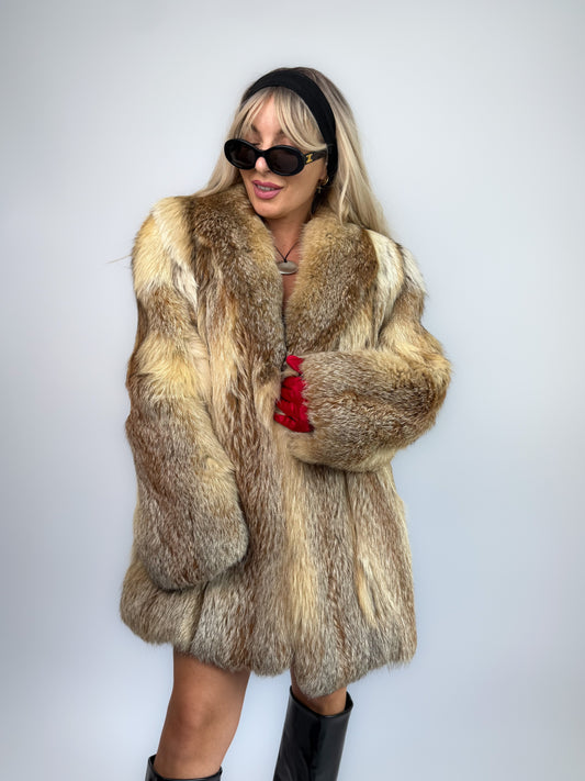 Vintage Genuine Fox Fur Coat – Beige Brown Mid Length Winter Jacket M-L