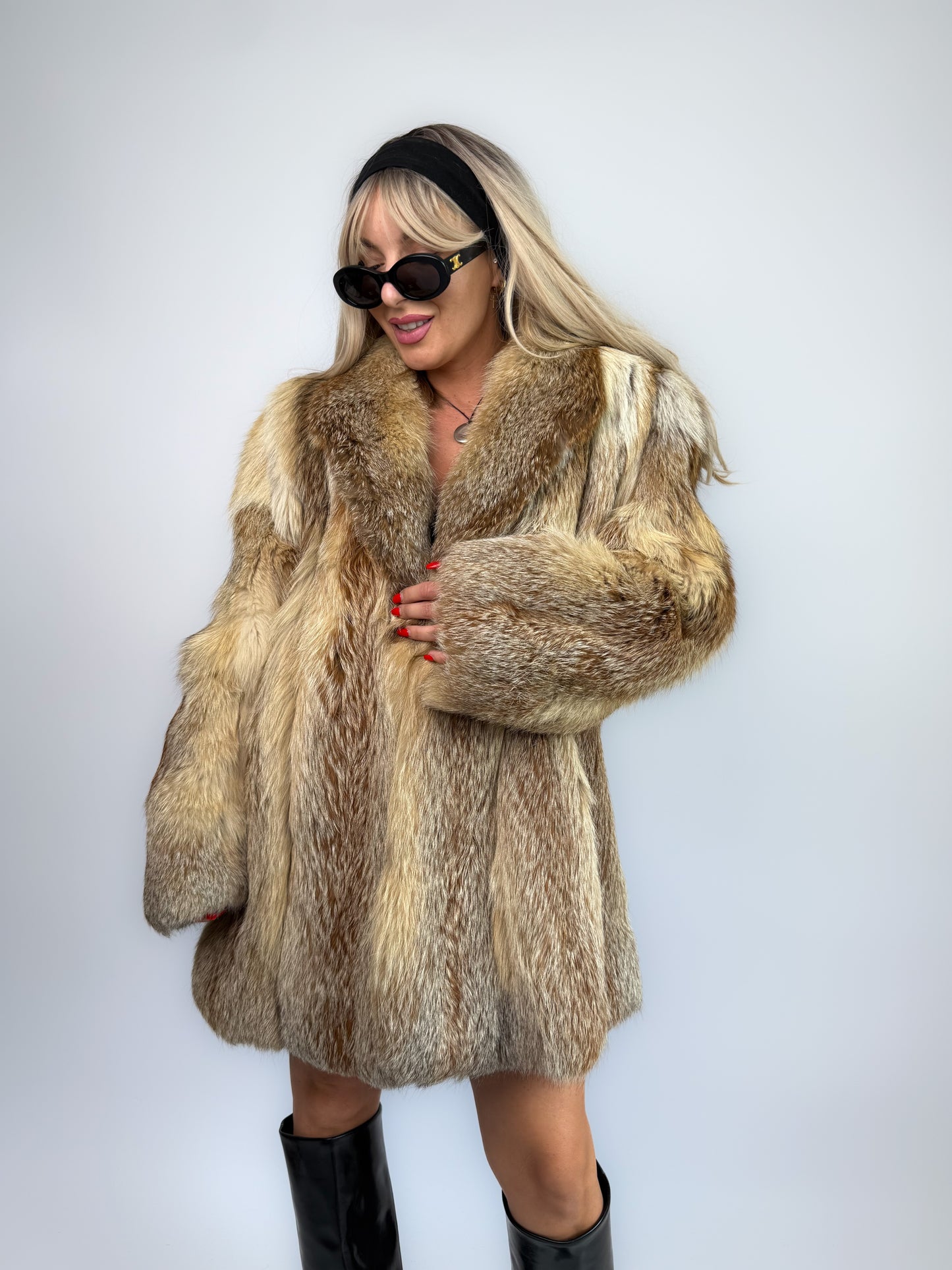 Vintage Genuine Fox Fur Coat – Beige Brown Mid Length Winter Jacket M-L