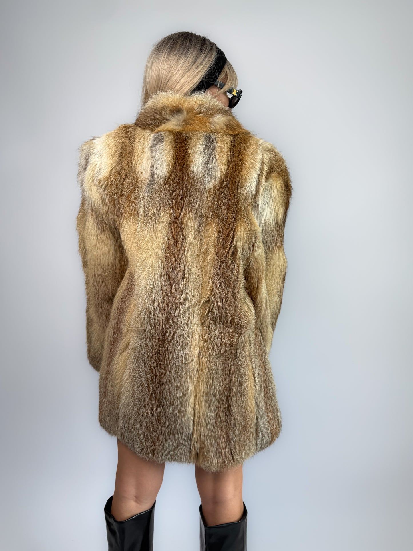 Vintage Genuine Fox Fur Coat – Beige Brown Mid Length Winter Jacket M-L