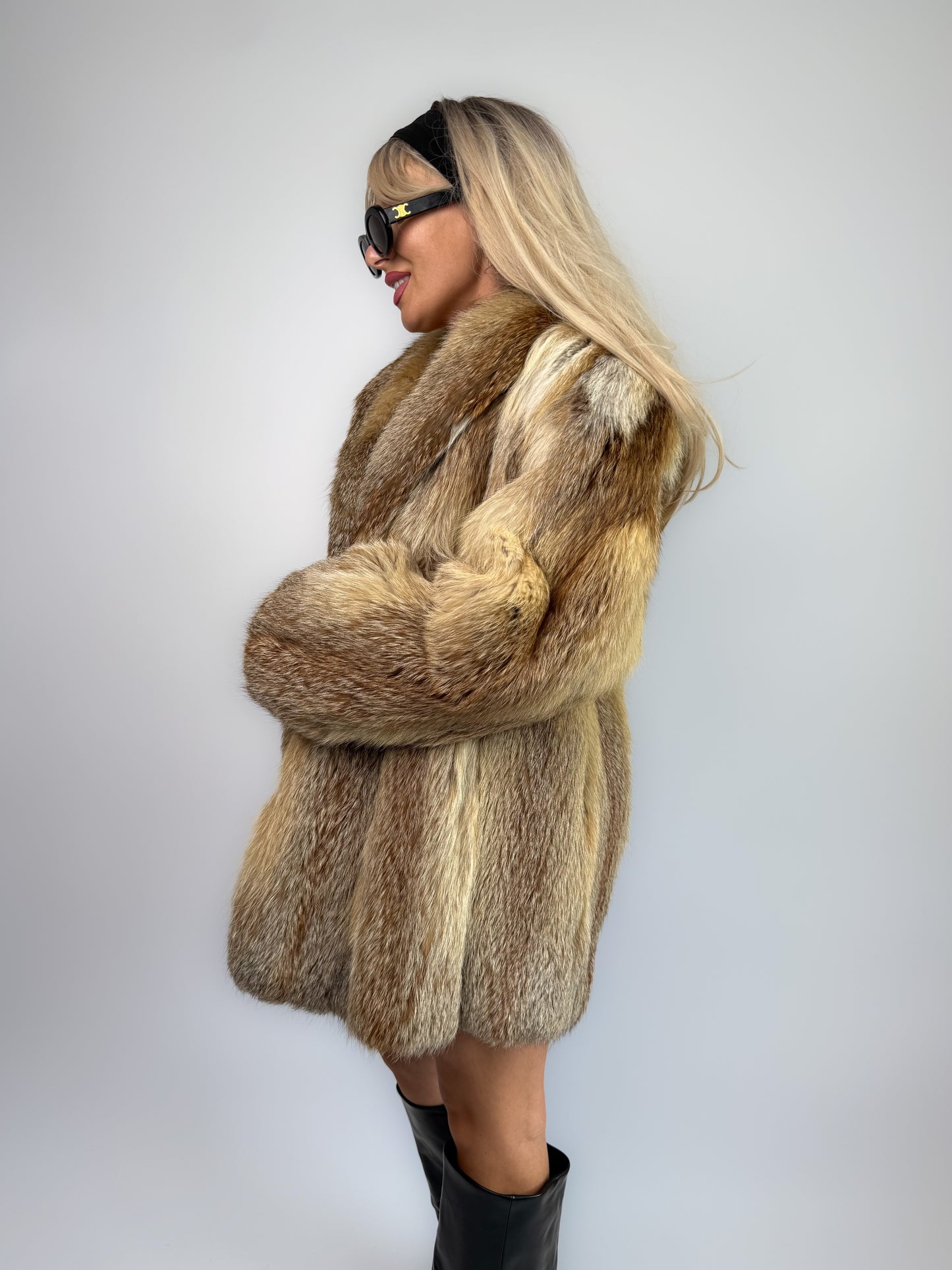 Vintage Genuine Fox Fur Coat – Beige Brown Mid Length Winter Jacket M-L