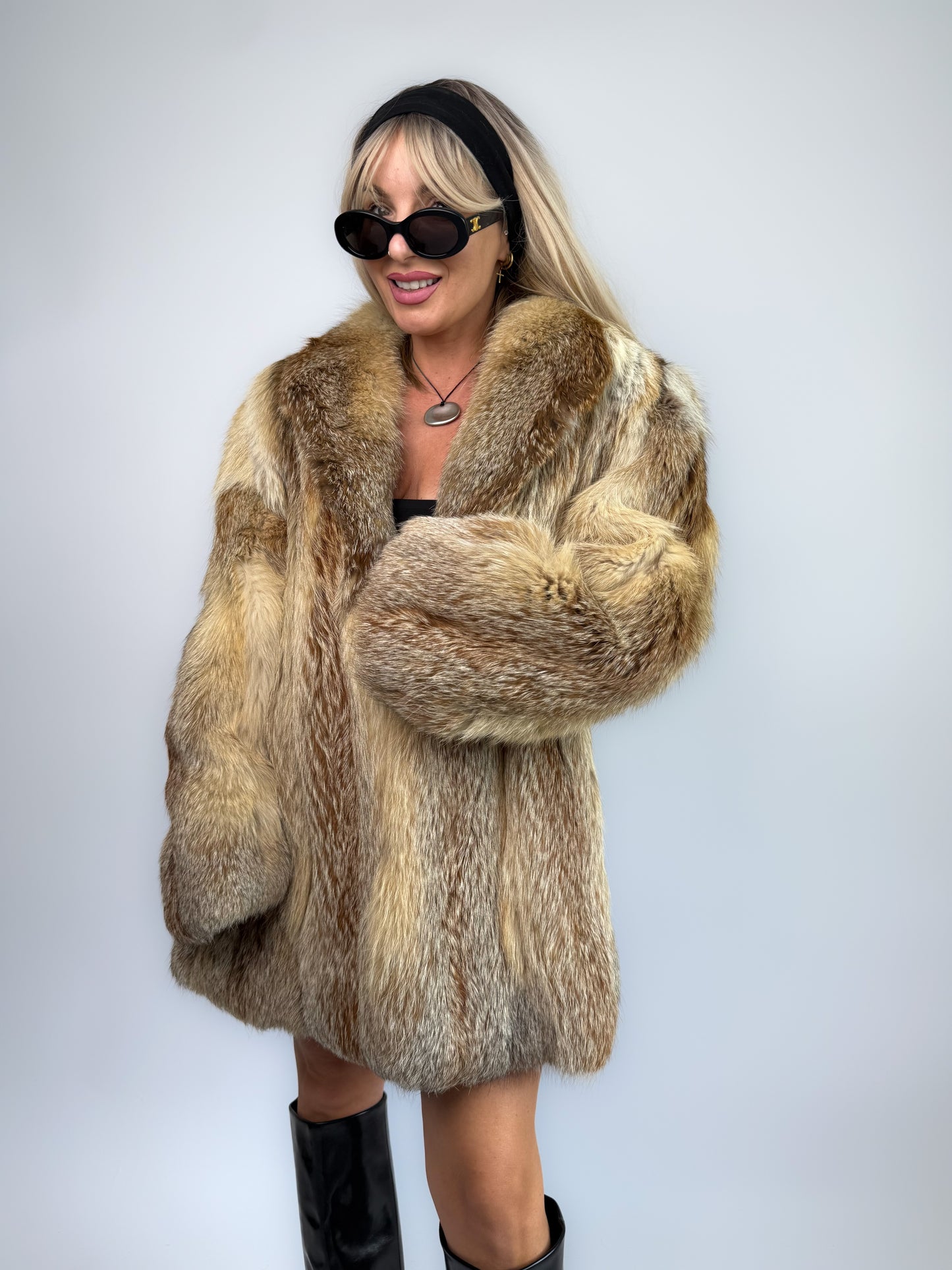 Vintage Genuine Fox Fur Coat – Beige Brown Mid Length Winter Jacket M-L