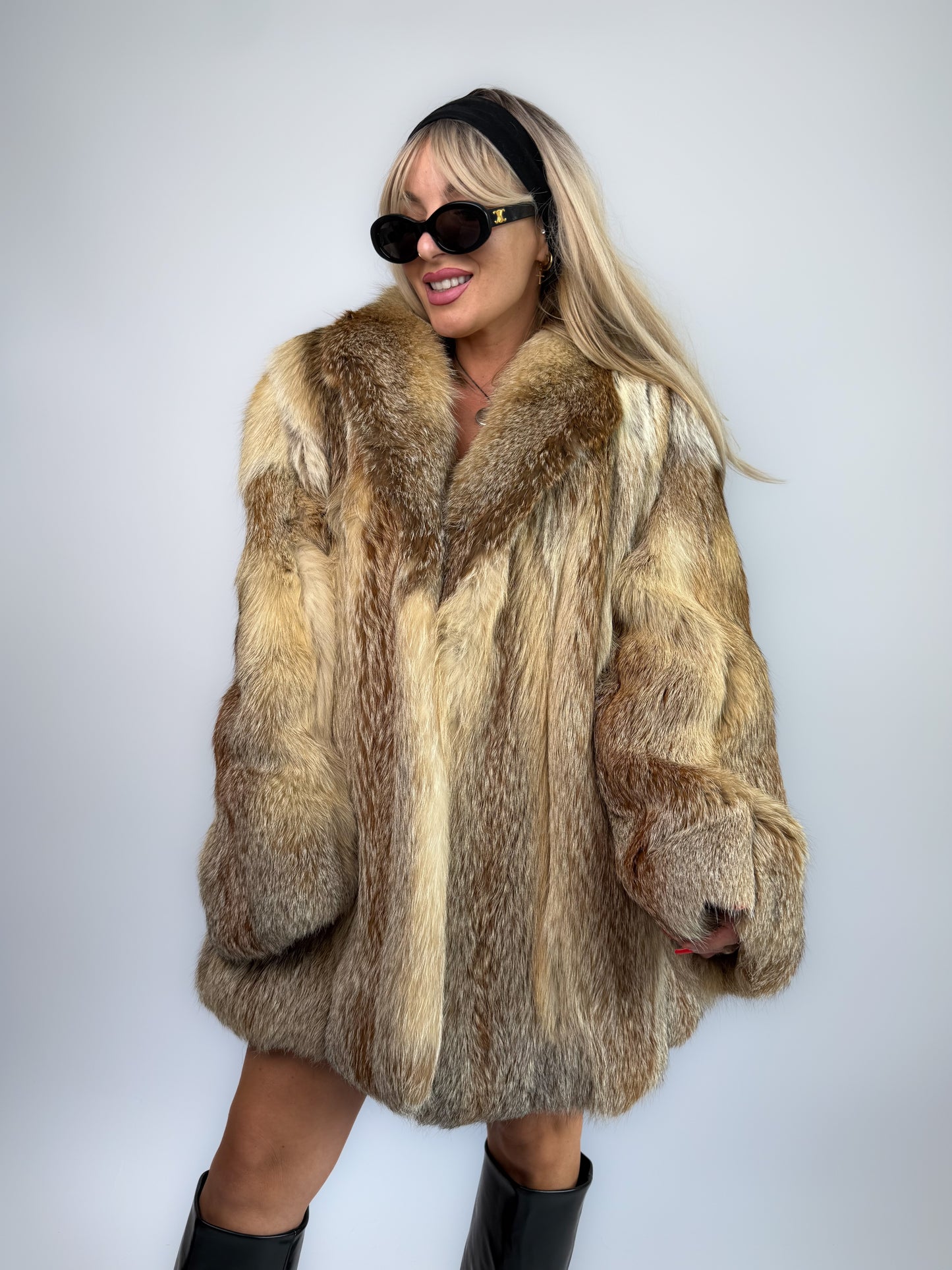 Vintage Genuine Fox Fur Coat – Beige Brown Mid Length Winter Jacket M-L
