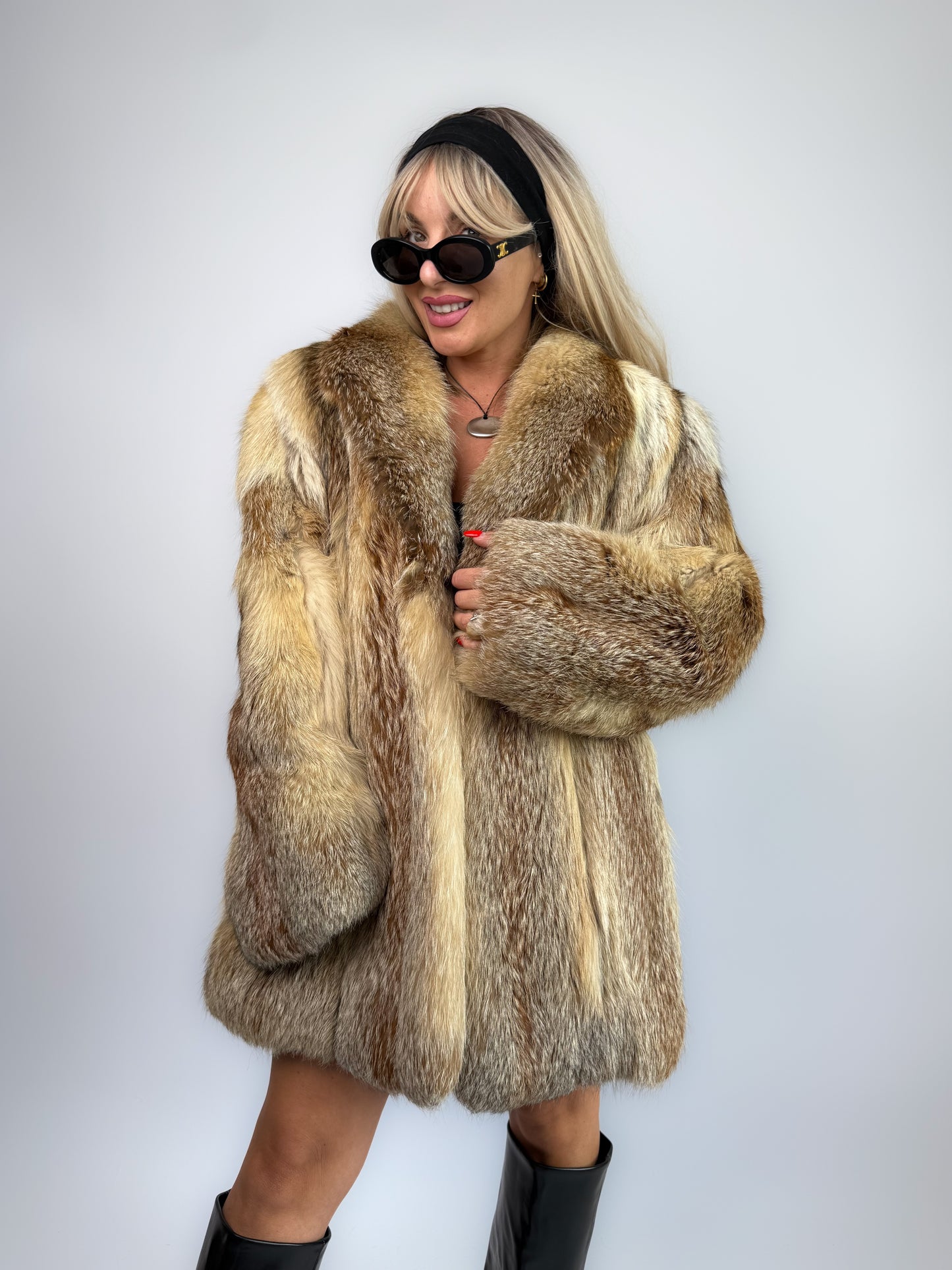 Vintage Genuine Fox Fur Coat – Beige Brown Mid Length Winter Jacket M-L