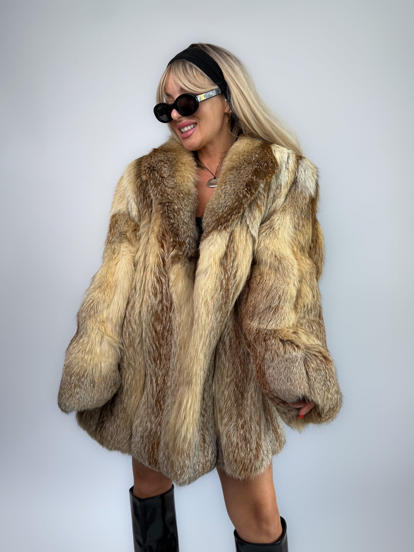 Vintage Genuine Fox Fur Coat – Beige Brown Mid Length Winter Jacket M-L