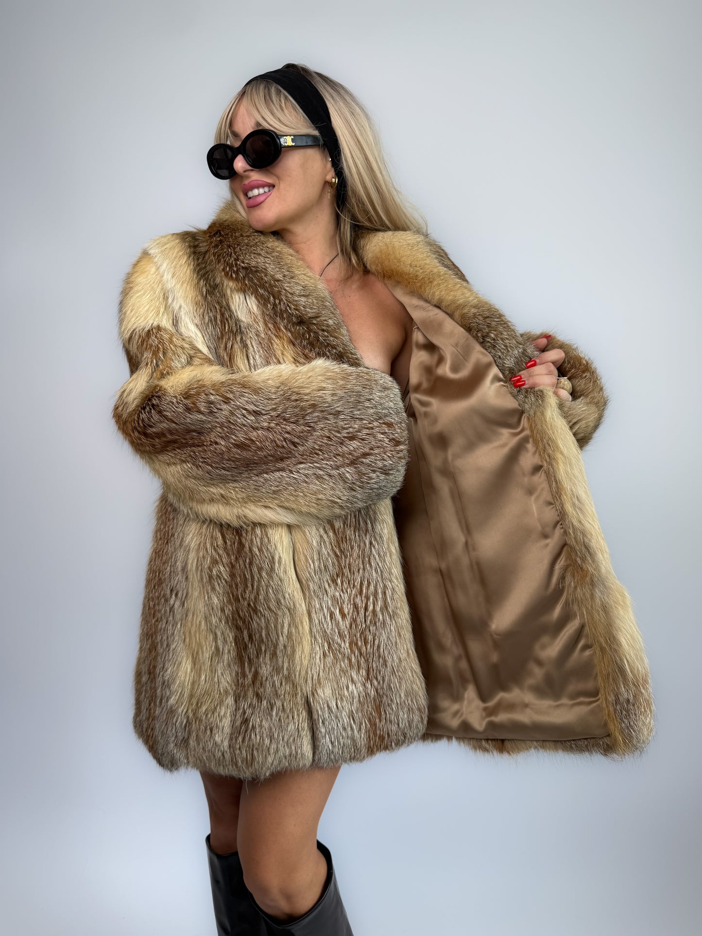 Vintage Genuine Fox Fur Coat – Beige Brown Mid Length Winter Jacket M-L