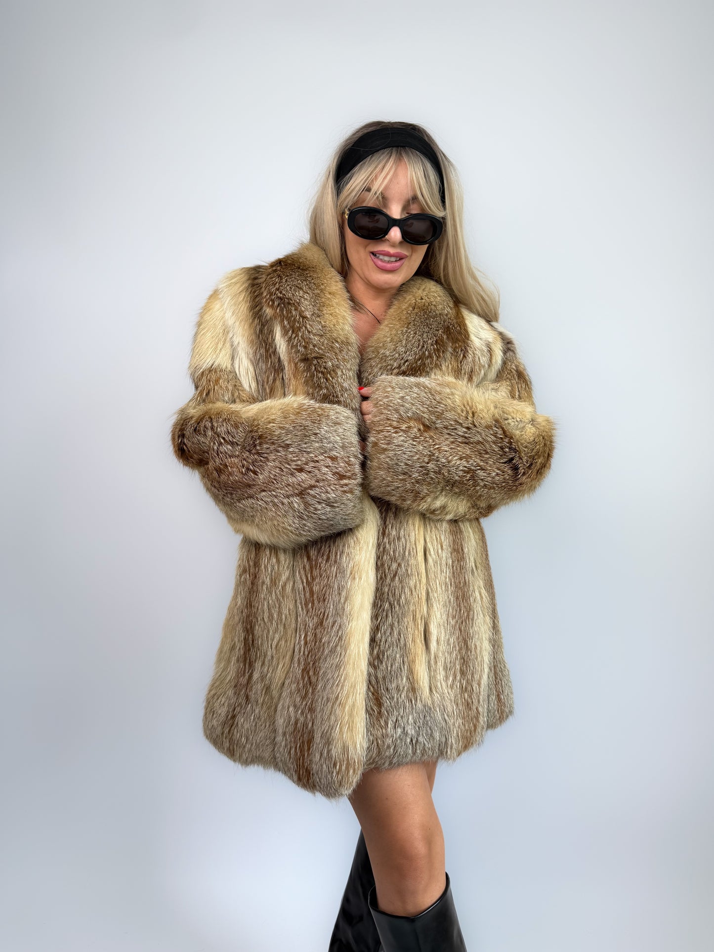 Vintage Genuine Fox Fur Coat – Beige Brown Mid Length Winter Jacket M-L