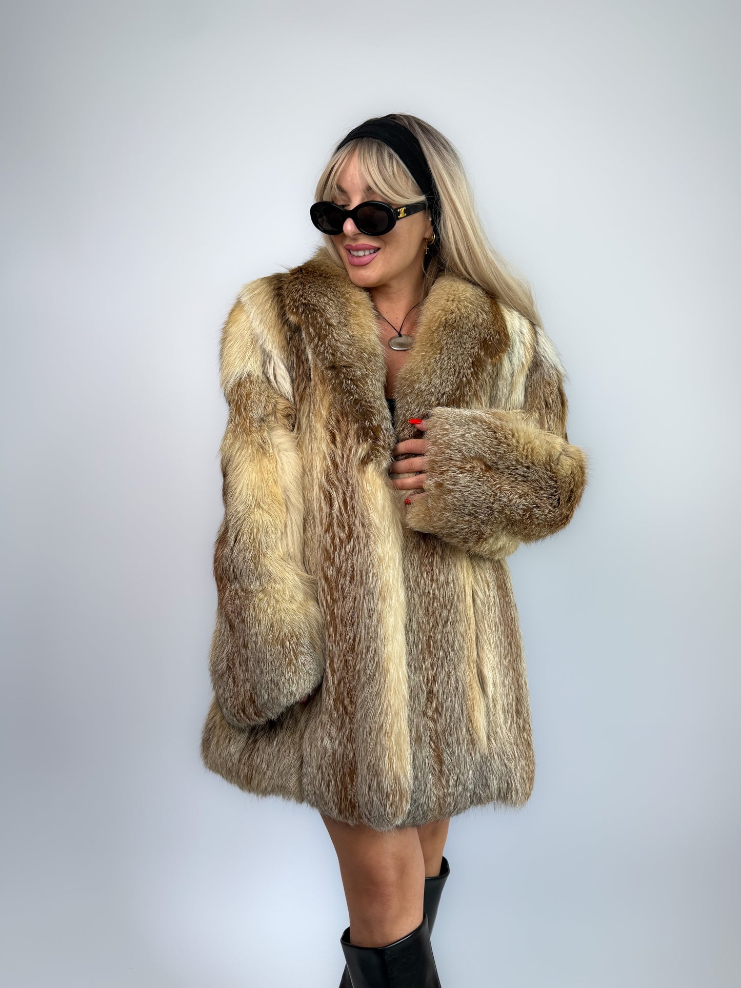 Vintage Genuine Fox Fur Coat – Beige Brown Mid Length Winter Jacket M-L