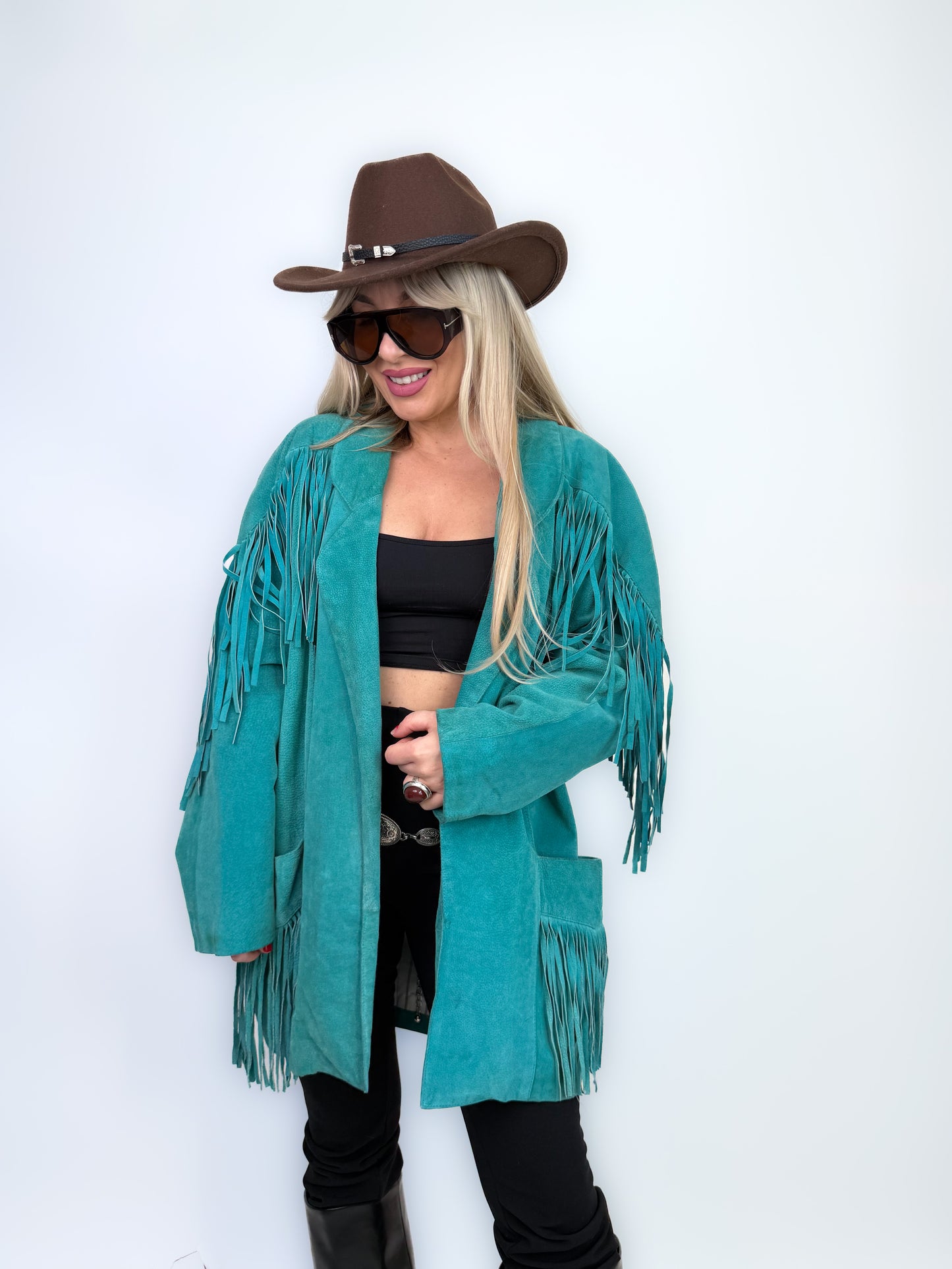Vintage Teal Suede Fringe Mid Length Jacket – Boho Style Festival Coat M-L