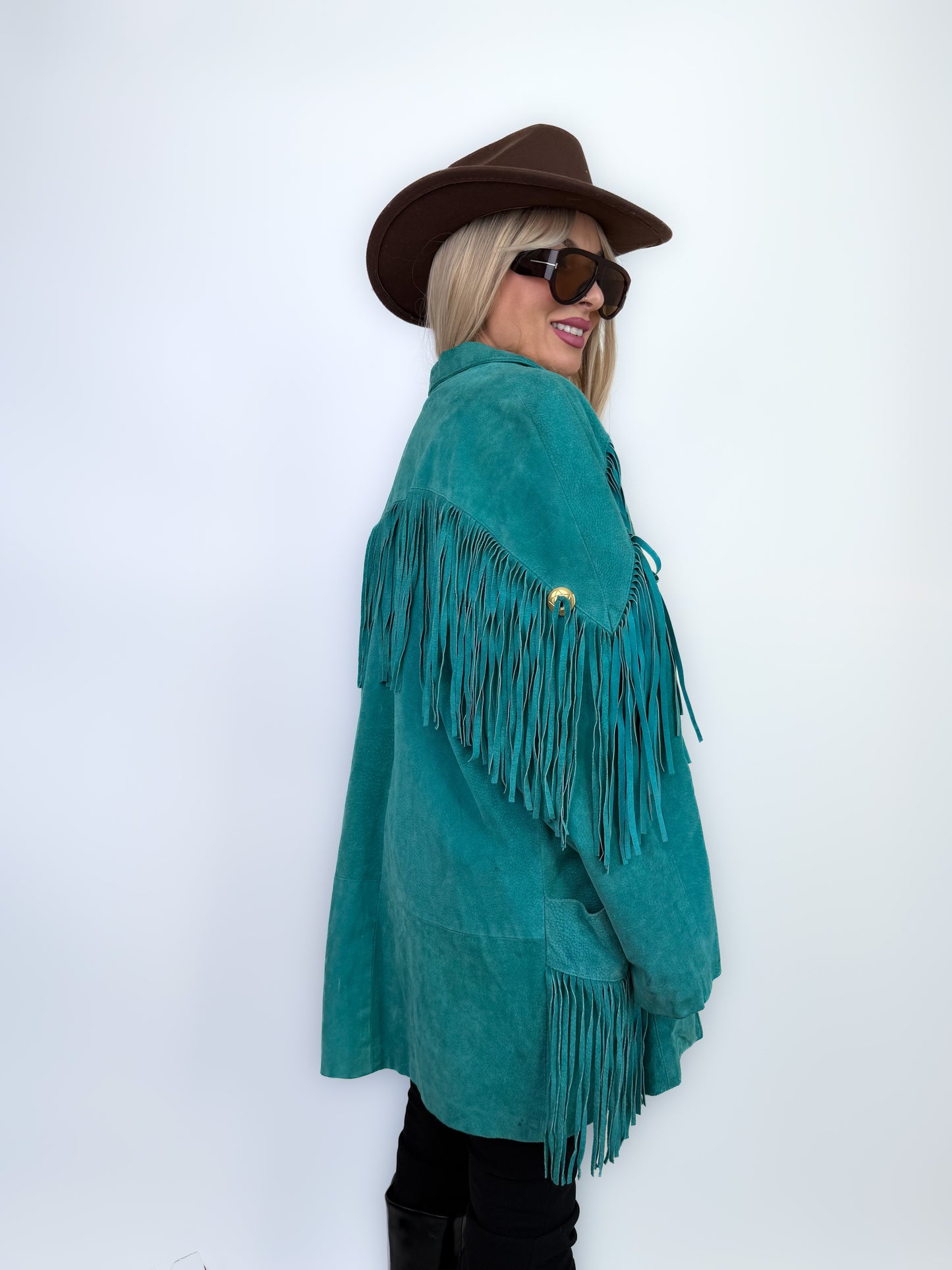 Vintage Teal Suede Fringe Mid Length Jacket – Boho Style Festival Coat M-L