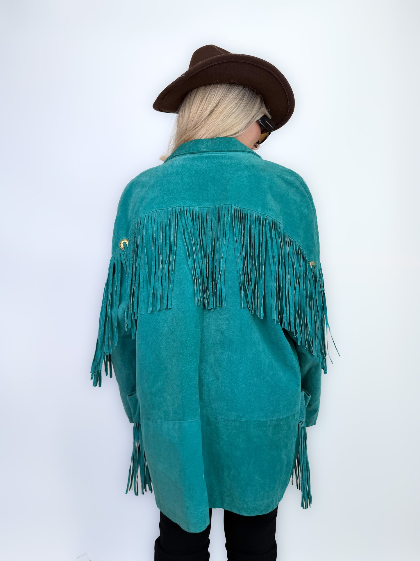 Vintage Teal Suede Fringe Mid Length Jacket – Boho Style Festival Coat M-L