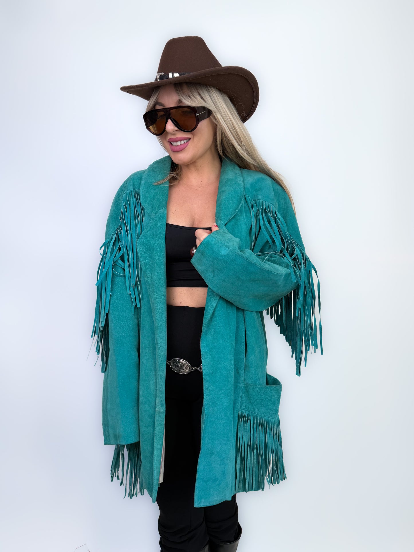 Vintage Teal Suede Fringe Mid Length Jacket – Boho Style Festival Coat M-L