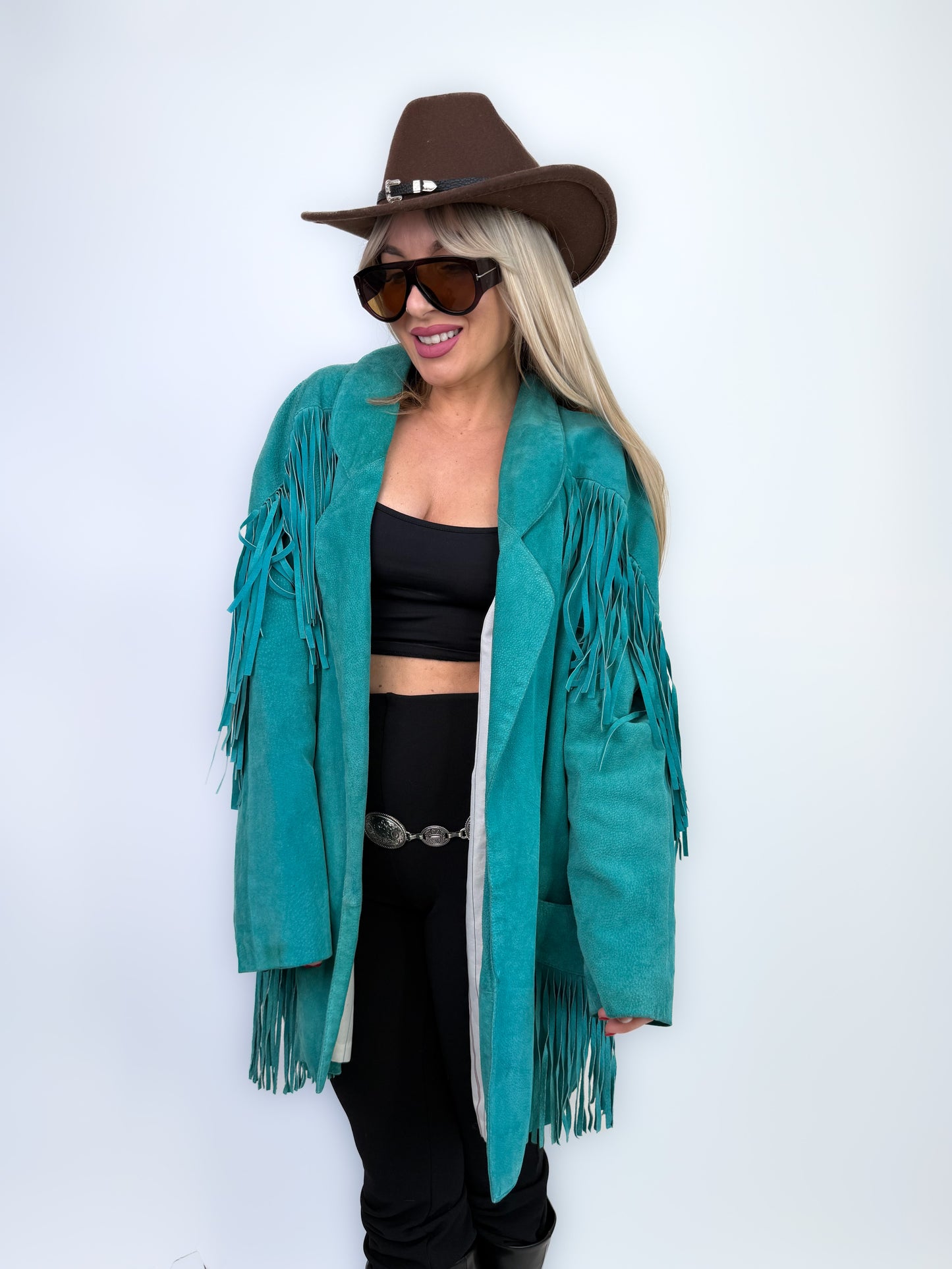 Vintage Teal Suede Fringe Mid Length Jacket – Boho Style Festival Coat M-L