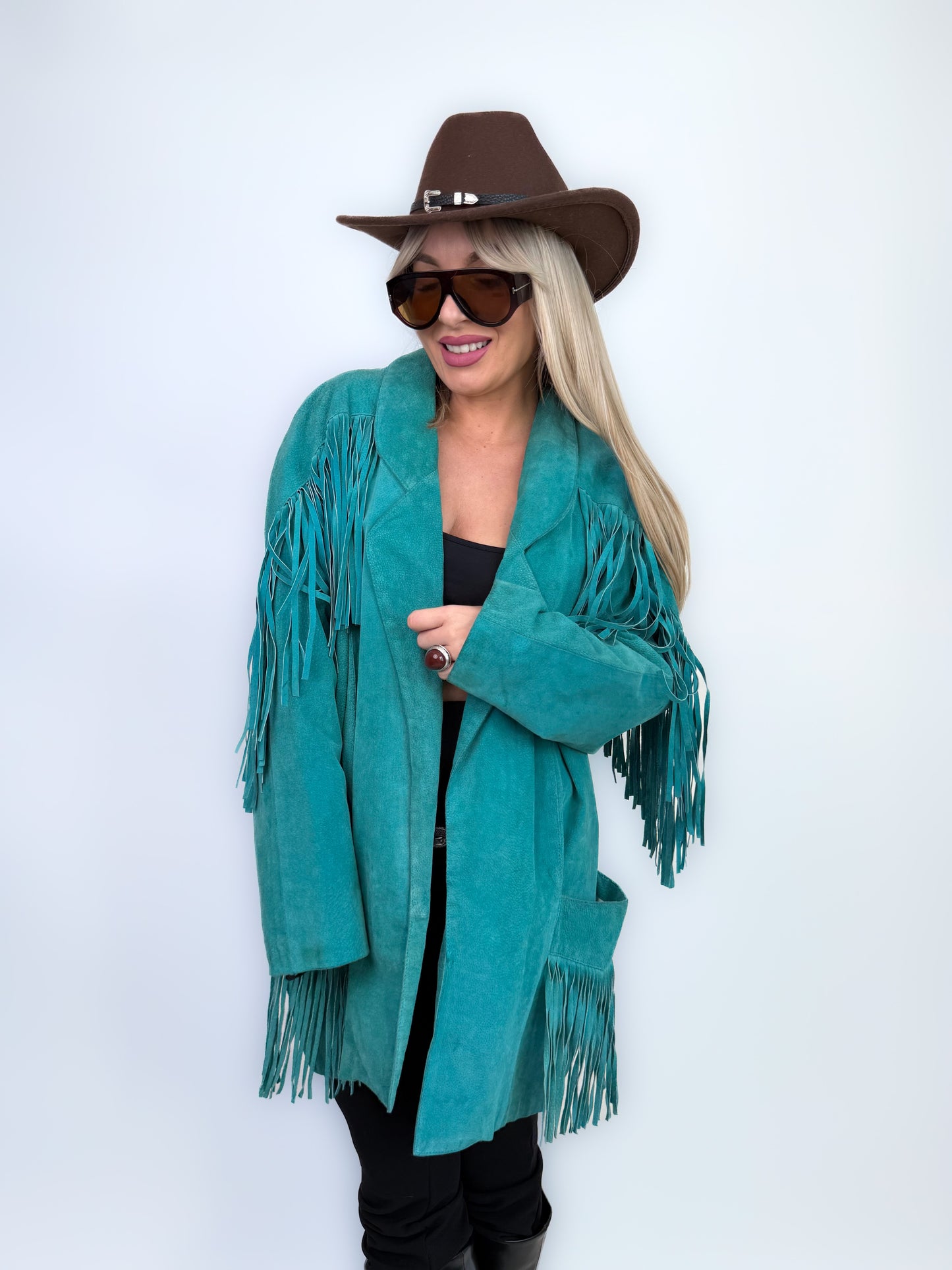 Vintage Teal Suede Fringe Mid Length Jacket – Boho Style Festival Coat M-L
