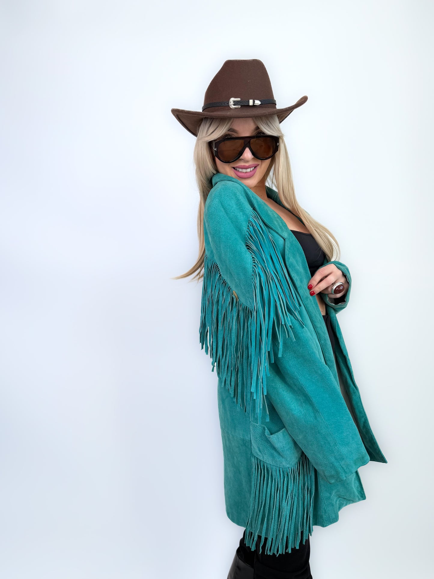 Vintage Teal Suede Fringe Mid Length Jacket – Boho Style Festival Coat M-L