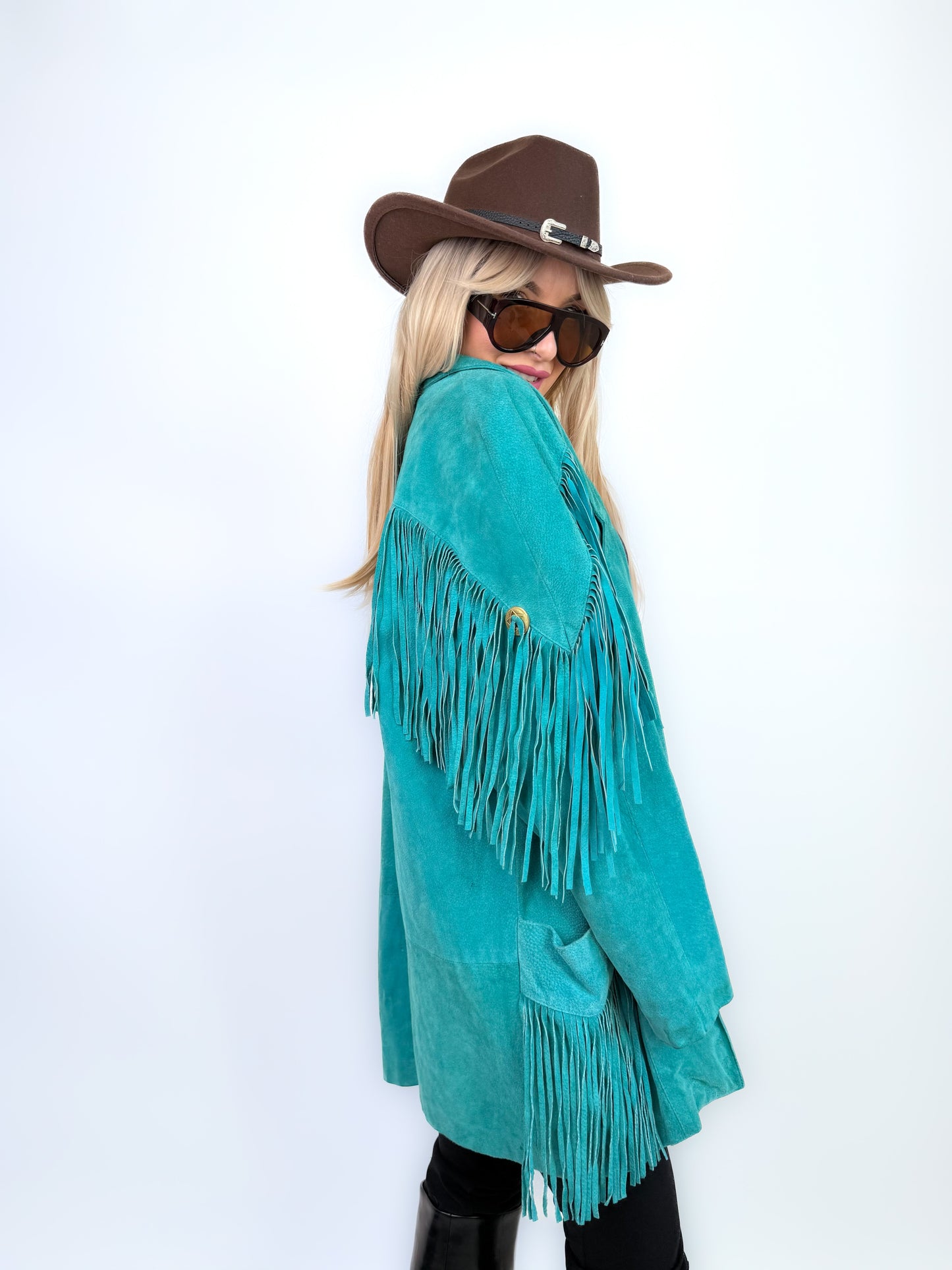 Vintage Teal Suede Fringe Mid Length Jacket – Boho Style Festival Coat M-L