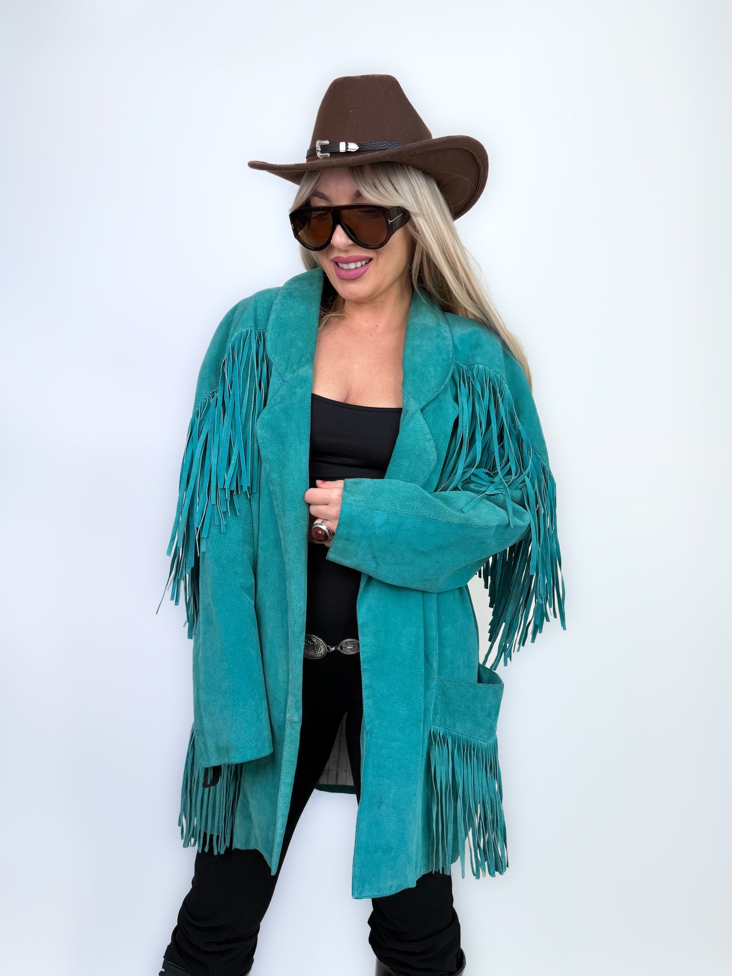 Vintage Teal Suede Fringe Mid Length Jacket – Boho Style Festival Coat M-L