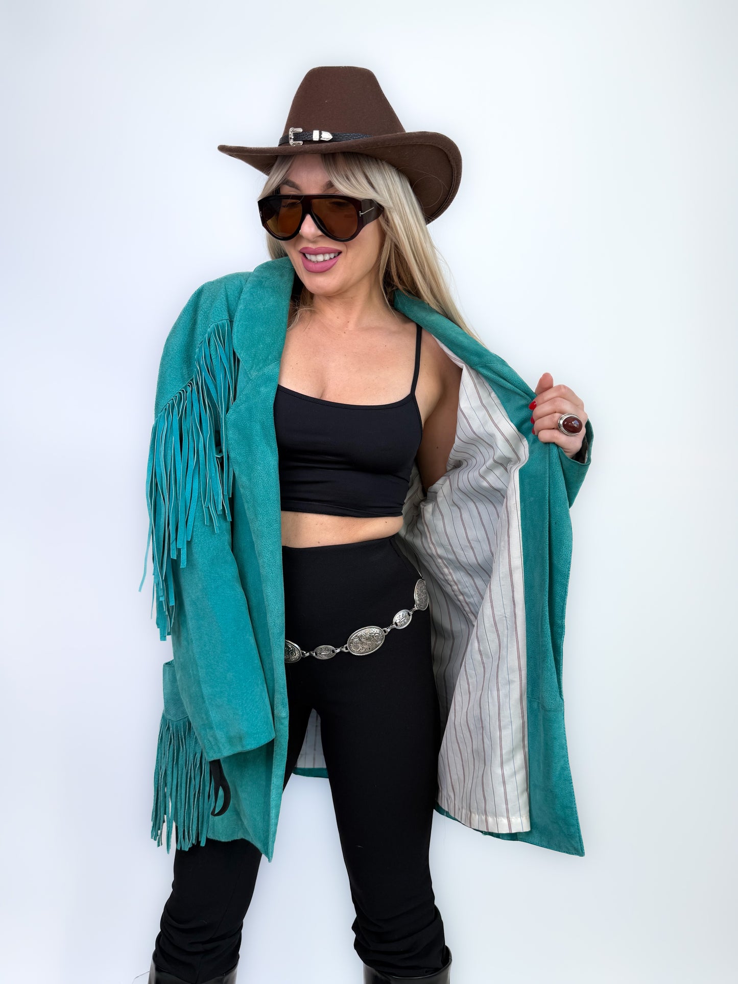 Vintage Teal Suede Fringe Mid Length Jacket – Boho Style Festival Coat M-L