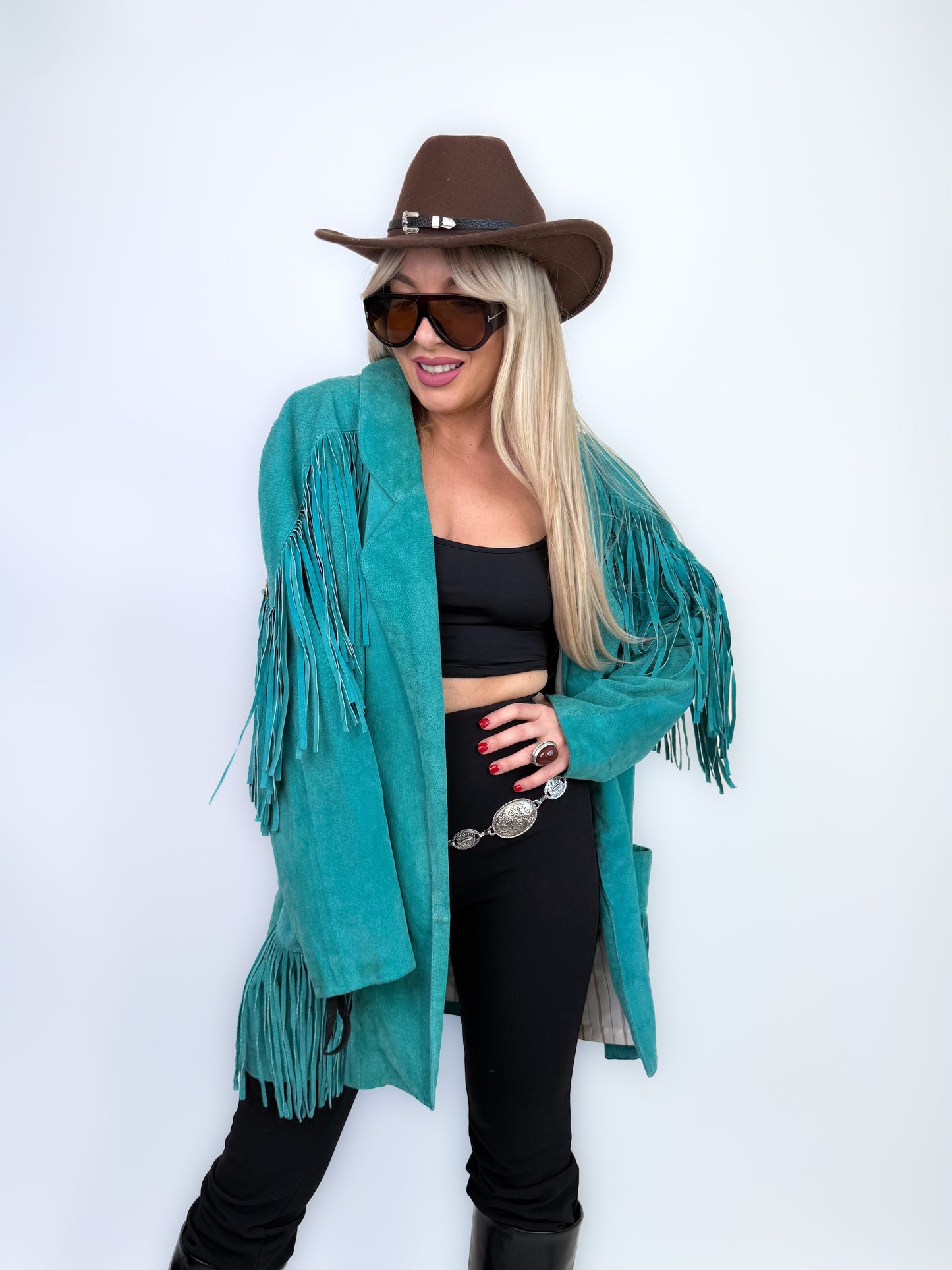 Vintage Teal Suede Fringe Mid Length Jacket – Boho Style Festival Coat M-L