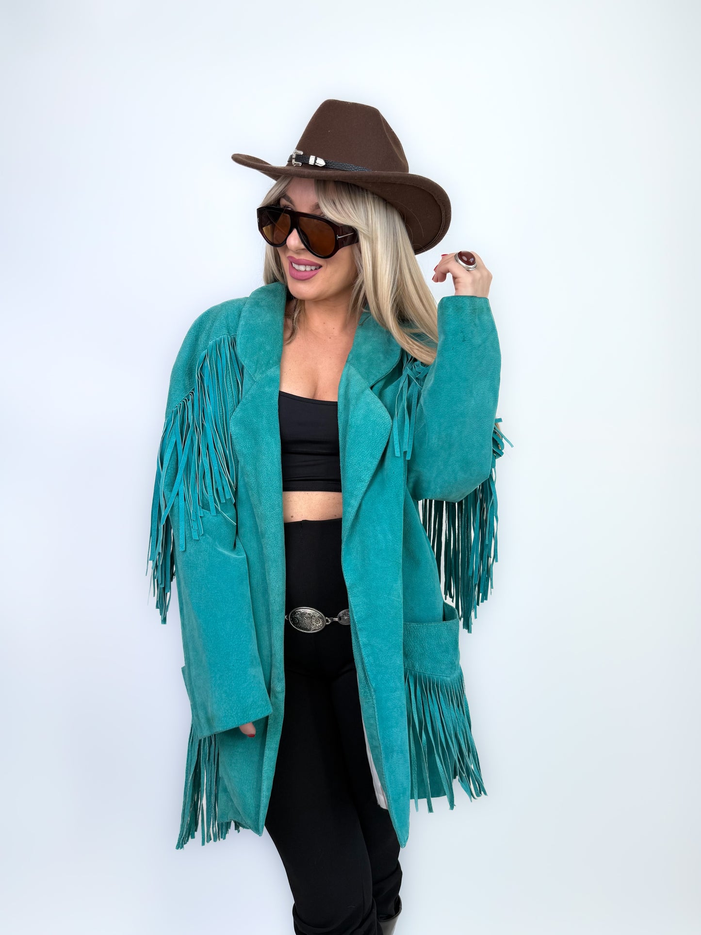 Vintage Teal Suede Fringe Mid Length Jacket – Boho Style Festival Coat M-L