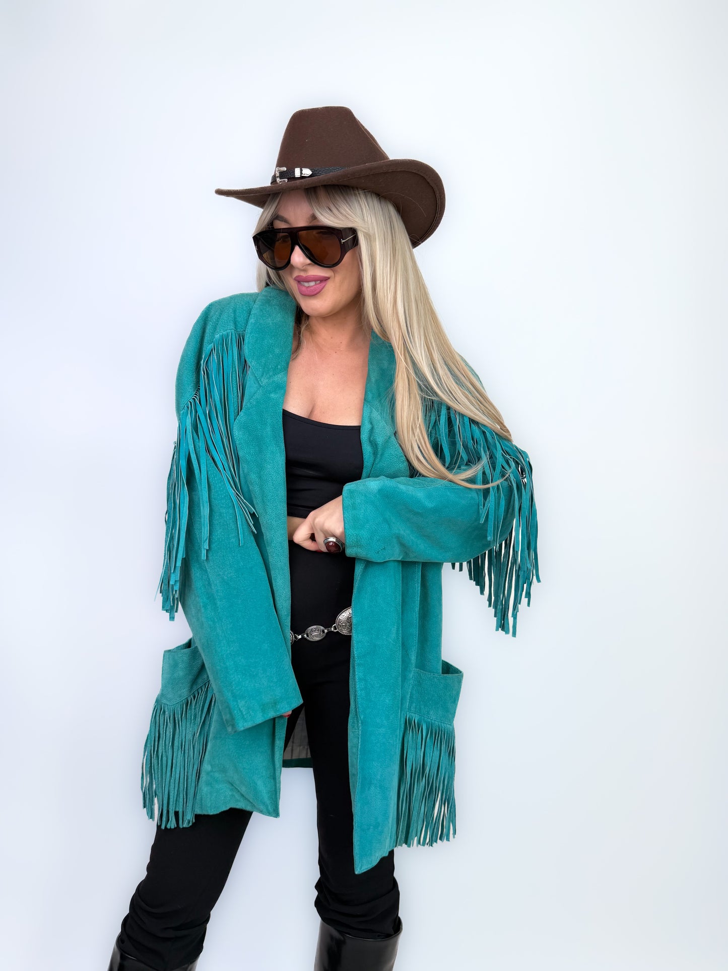 Vintage Teal Suede Fringe Mid Length Jacket – Boho Style Festival Coat M-L