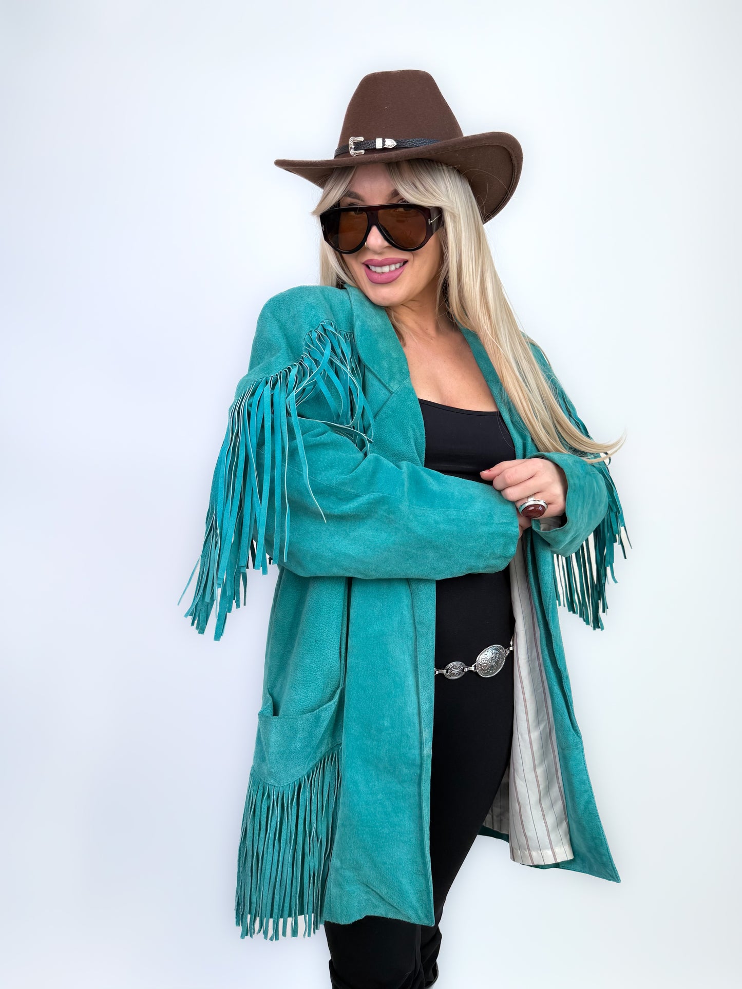 Vintage Teal Suede Fringe Mid Length Jacket – Boho Style Festival Coat M-L