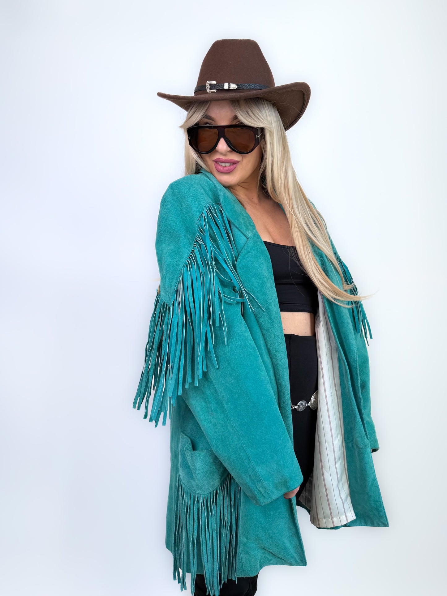 Vintage Teal Suede Fringe Mid Length Jacket – Boho Style Festival Coat M-L