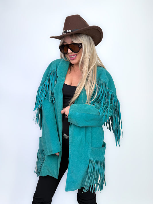 Vintage Teal Suede Fringe Mid Length Jacket – Boho Style Festival Coat M-L
