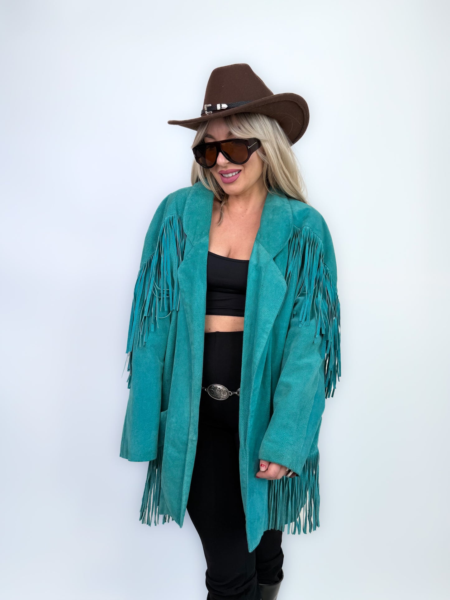 Vintage Teal Suede Fringe Mid Length Jacket – Boho Style Festival Coat M-L
