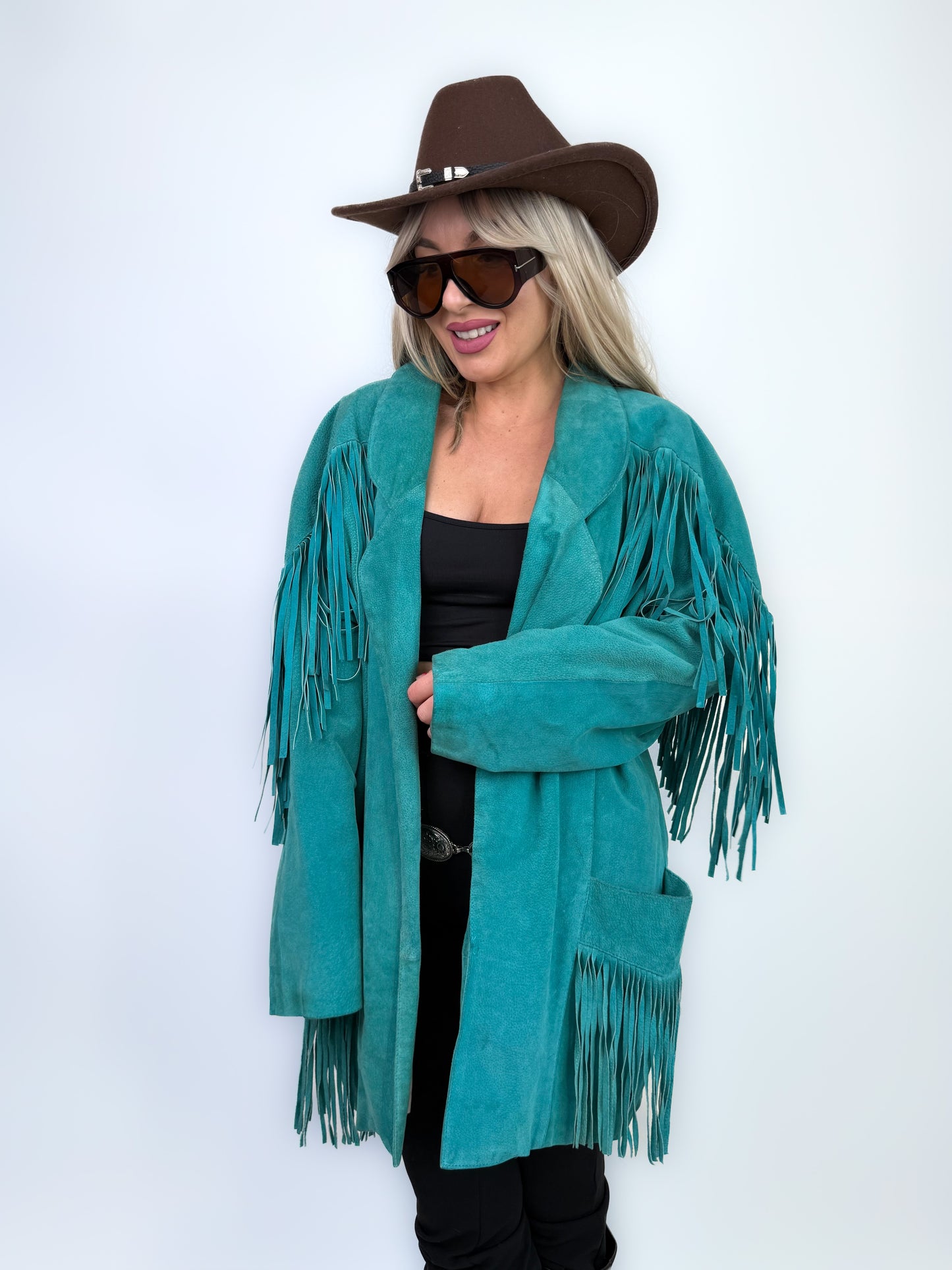 Vintage Teal Suede Fringe Mid Length Jacket – Boho Style Festival Coat M-L