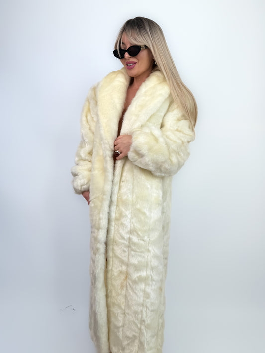 Vintage Cream Ivory Faux Fur Long Full Length Warm Bridal Winter Statement Coat Size L-XL